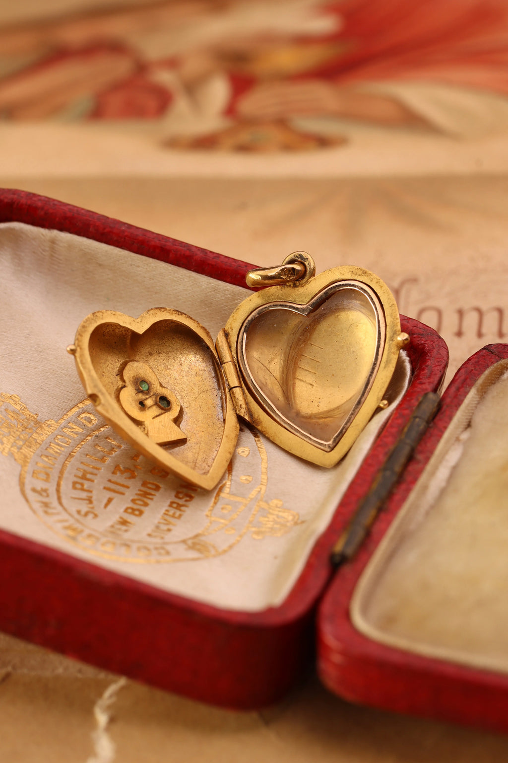 Antique Victorian 22ct Gold Lucky Clover Heart Locket with Emerald and Rose Cut Diamond Detail