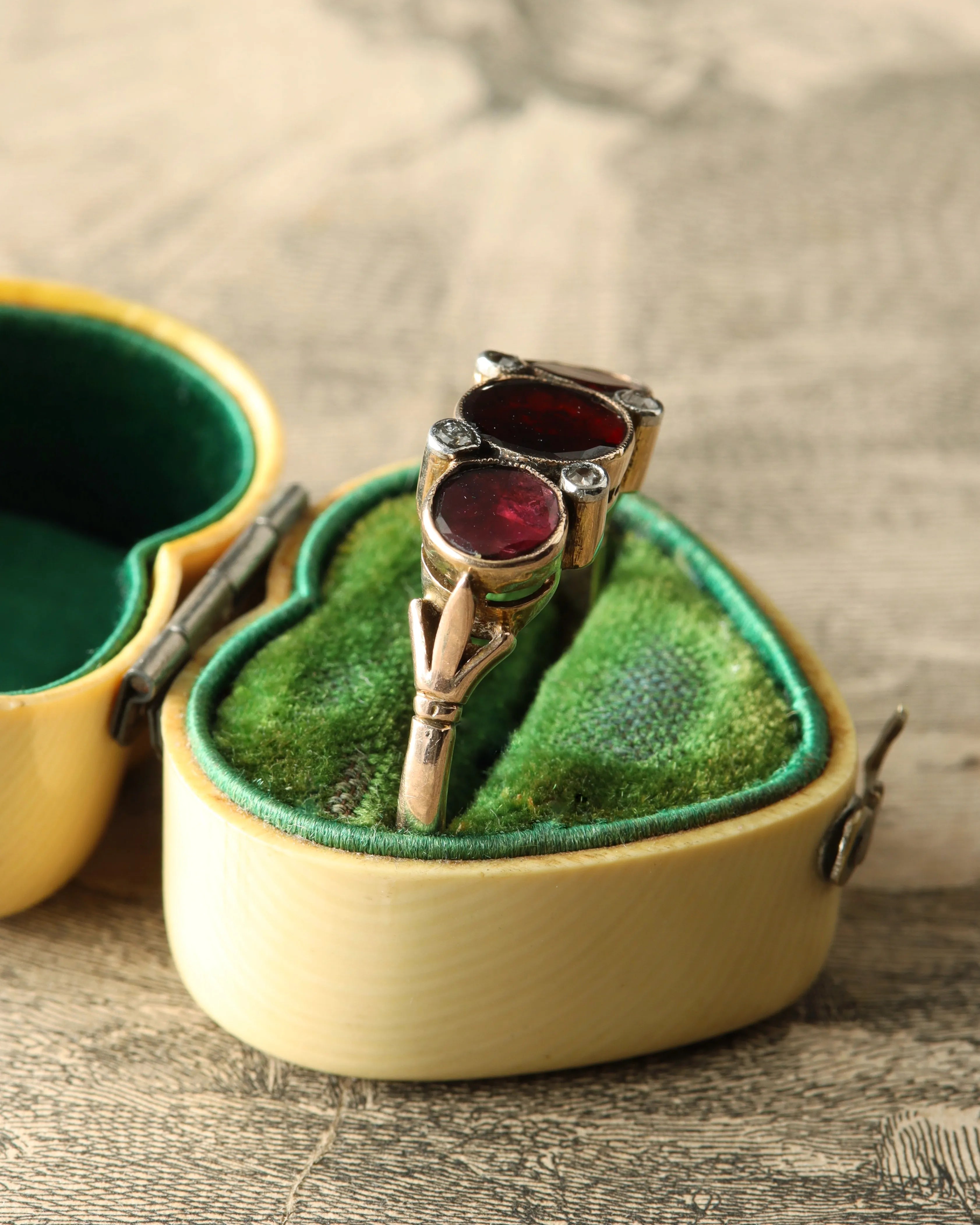 Antique Victorian Flat Cut Garnet & Diamond Trilogy Ring