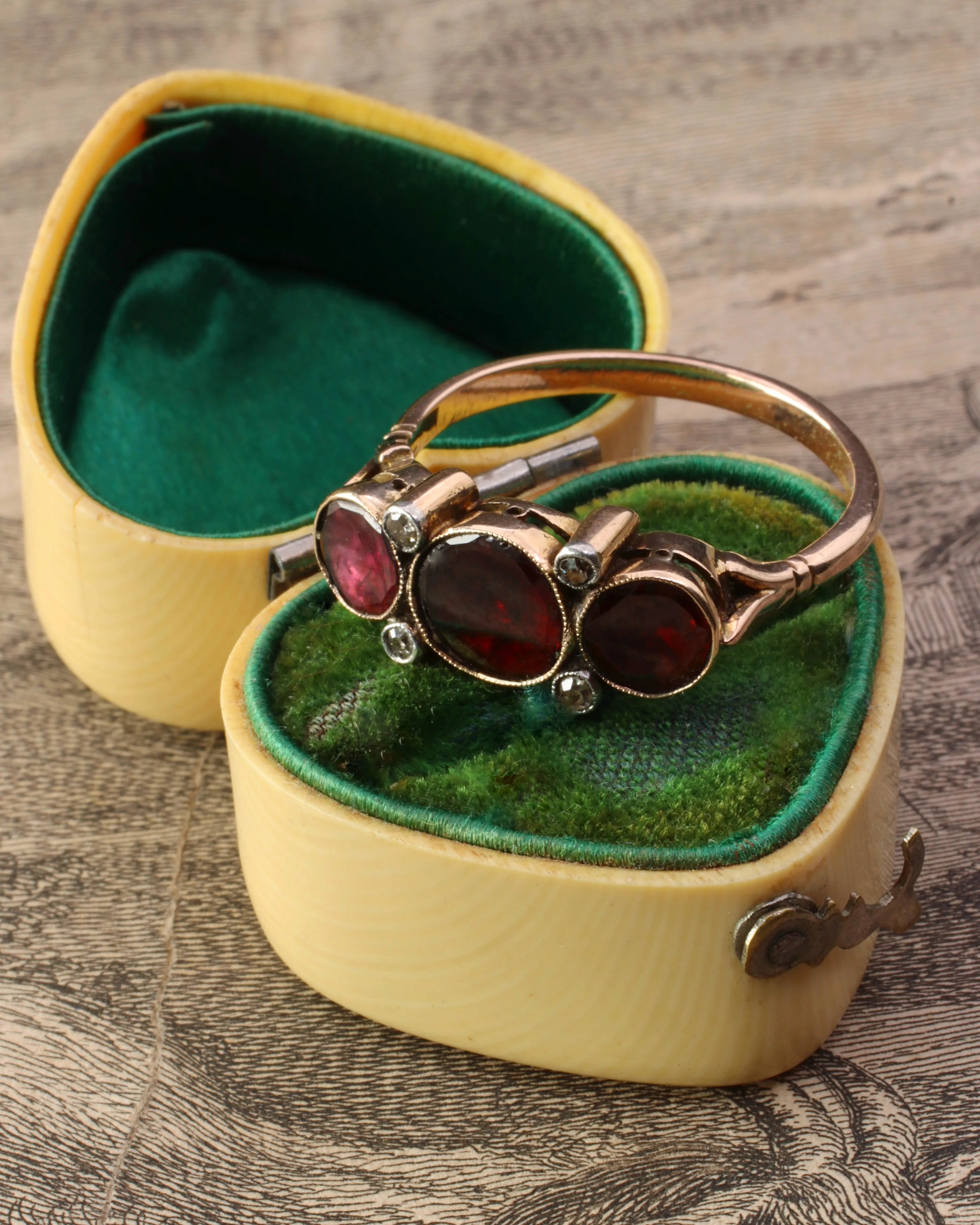 Antique Victorian Flat Cut Garnet & Diamond Trilogy Ring