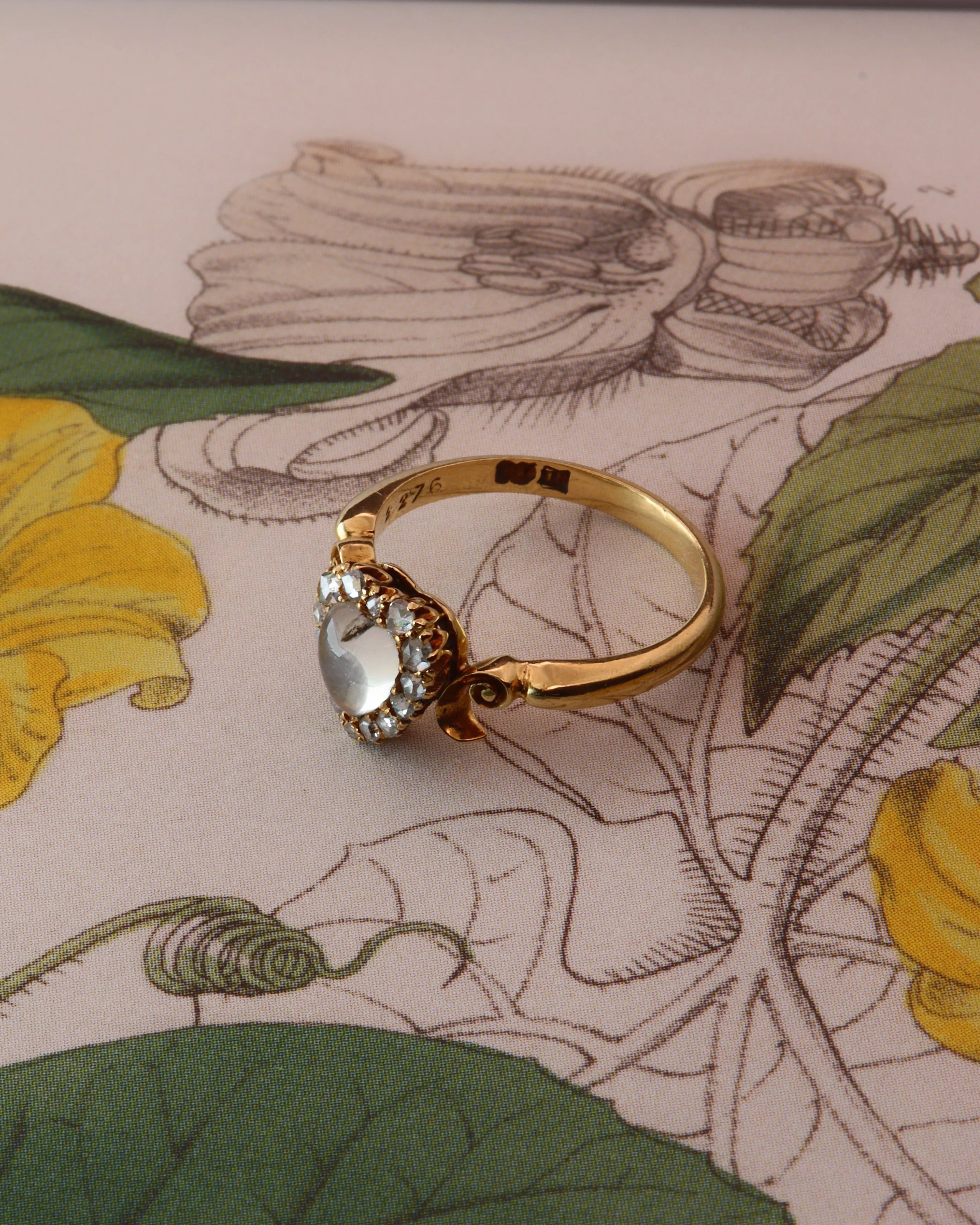 Antique Early Victorian Carved Moonstone & Rose Cut Diamond Heart Ring
