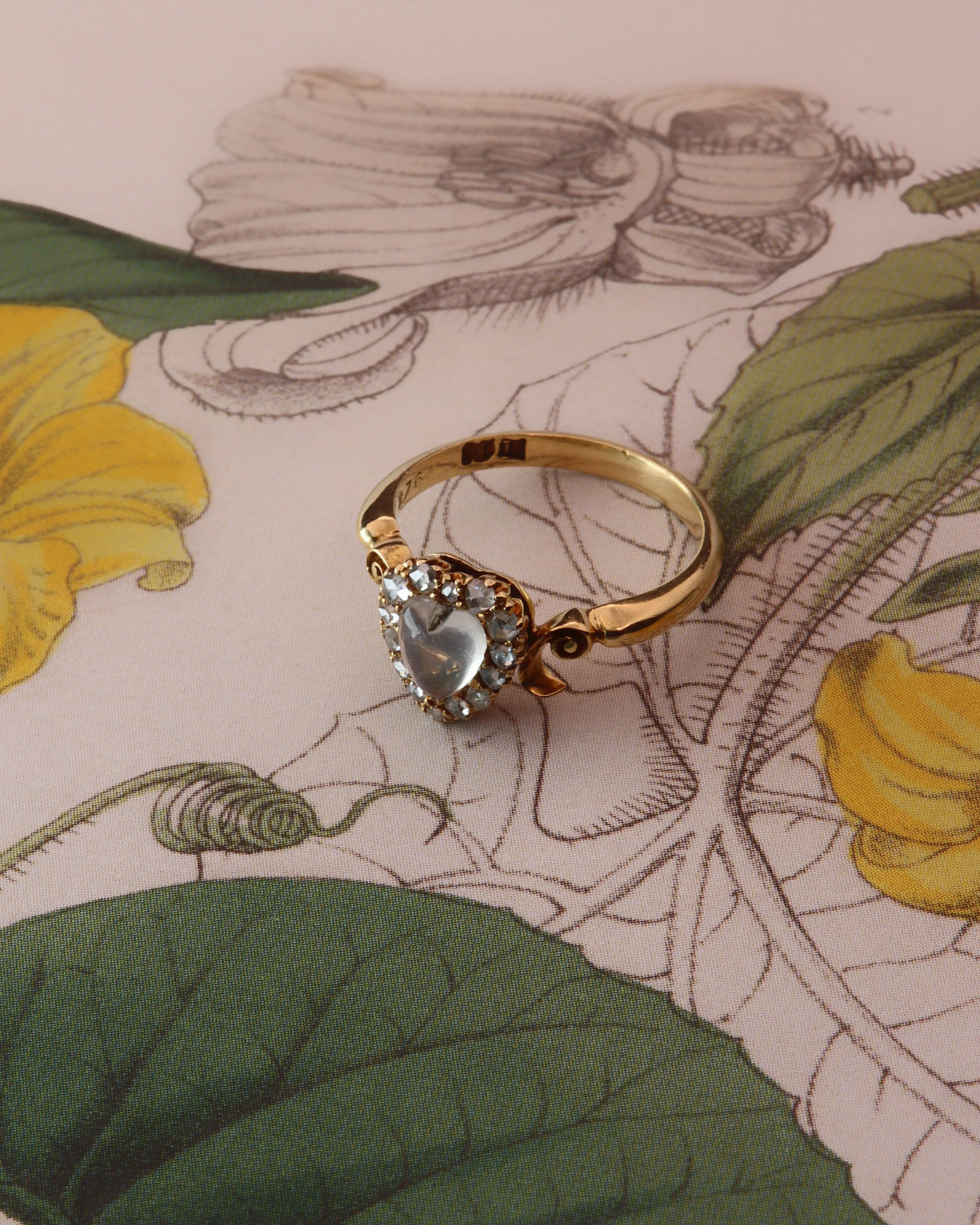 Antique Early Victorian Carved Moonstone & Rose Cut Diamond Heart Ring