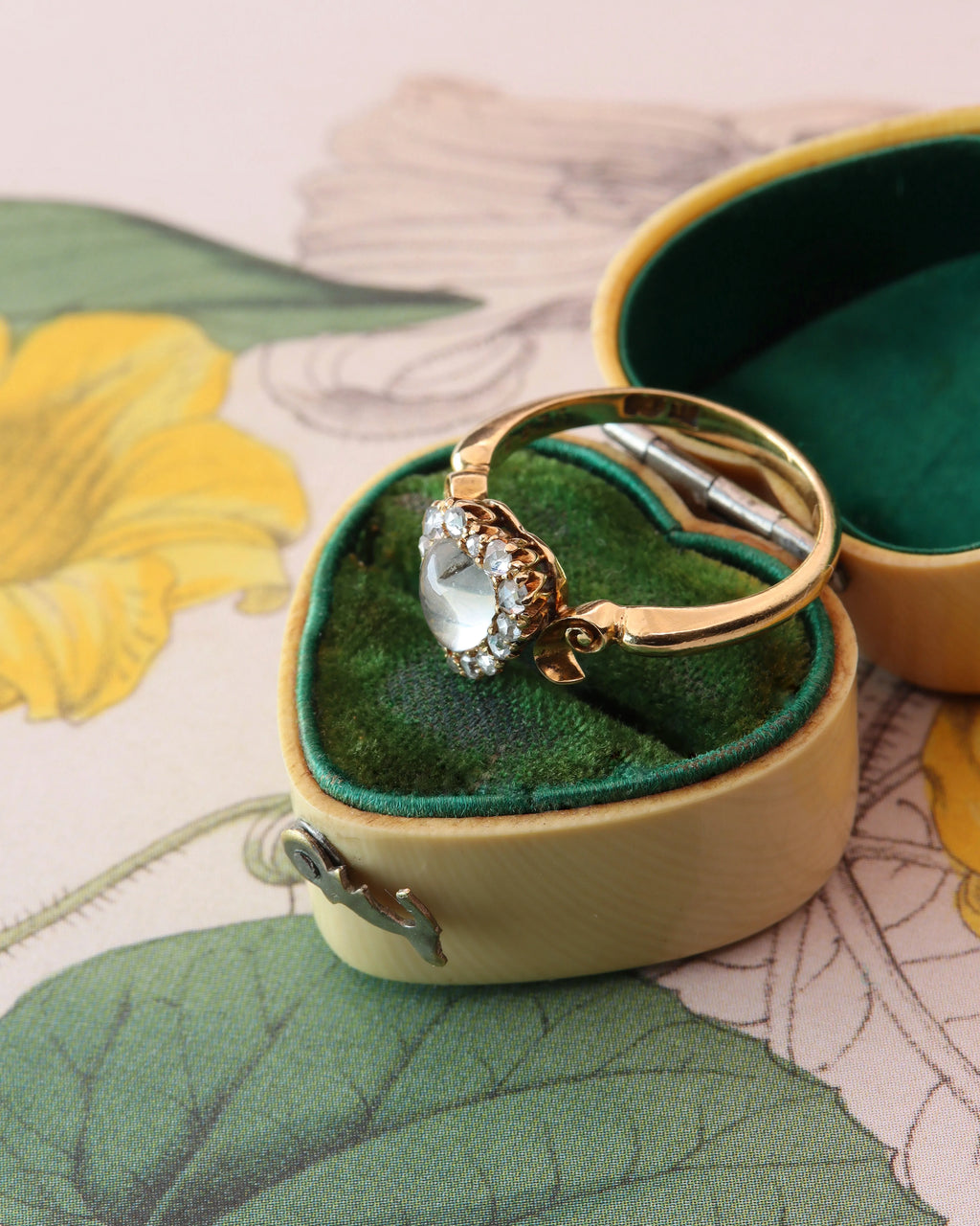 Antique Early Victorian Carved Moonstone & Rose Cut Diamond Heart Ring