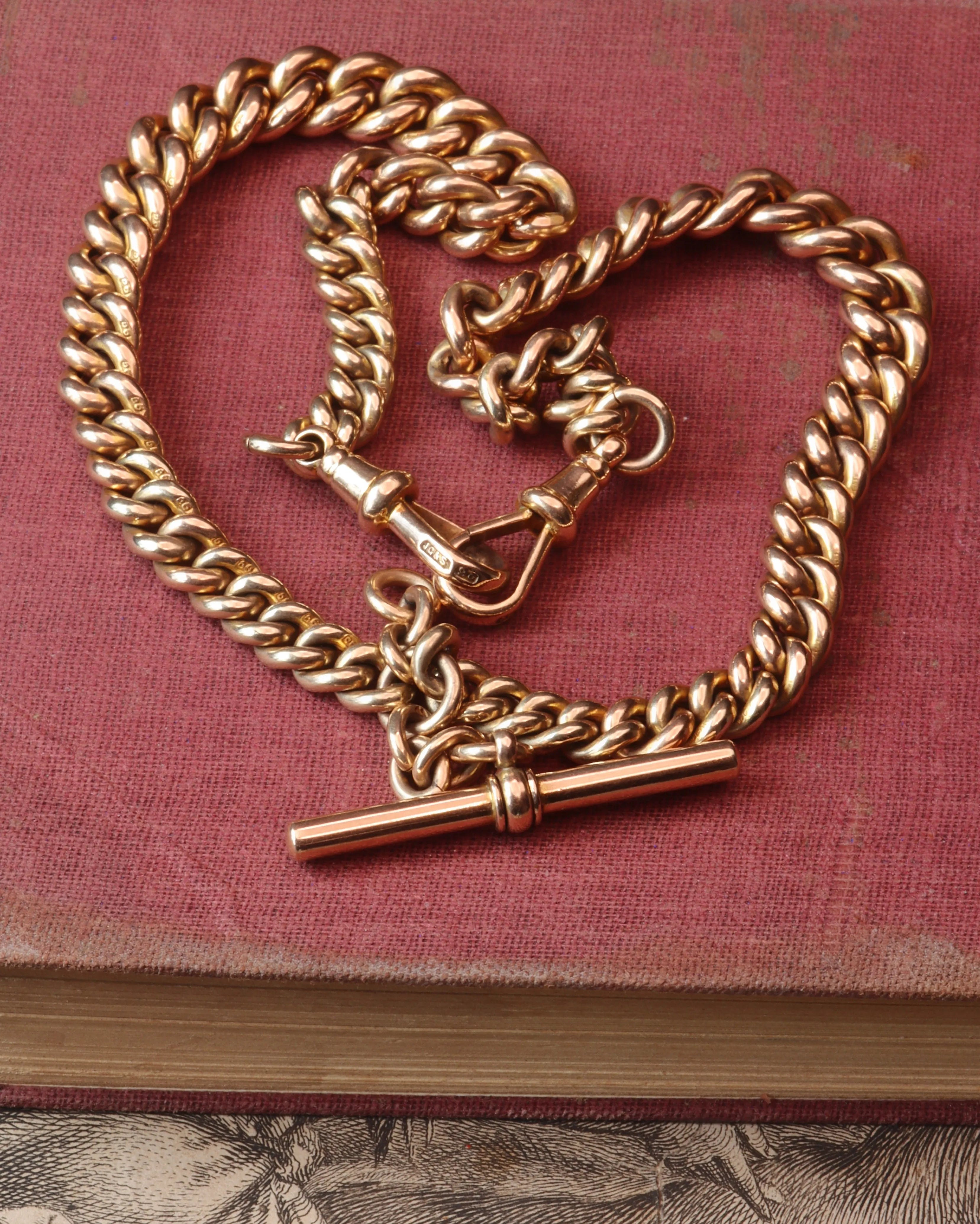 Antique Victorian Curb Link Watch Chain With T-bar And Two Dog Clips