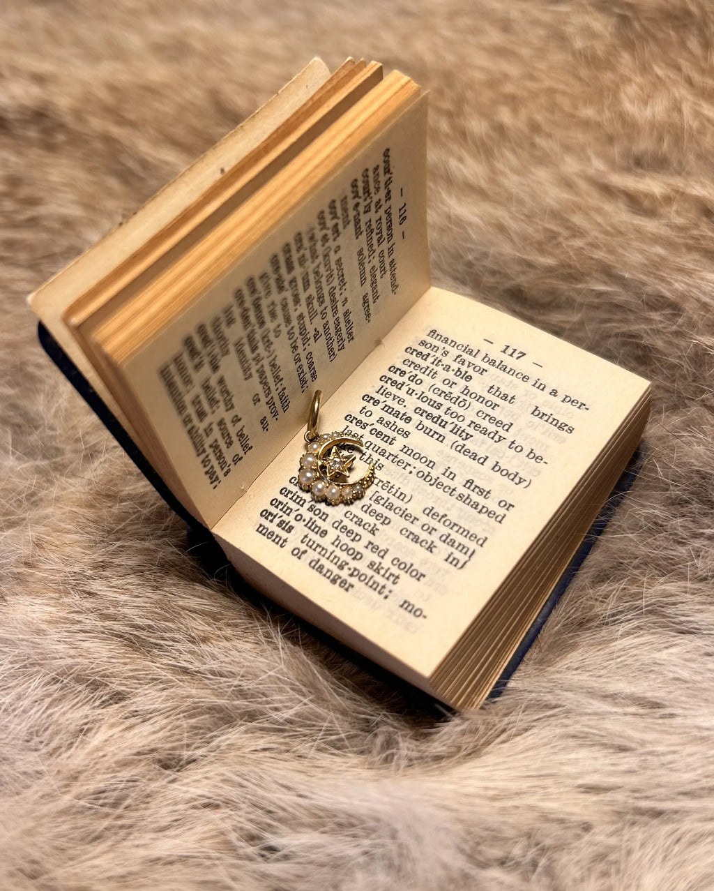 Tiny 15ct Gold Crescent Charm with Diamond & Seed Pearl