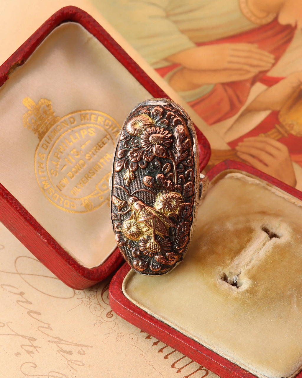 Antique Shakudo Japanese Sword Engraved Silver Ring