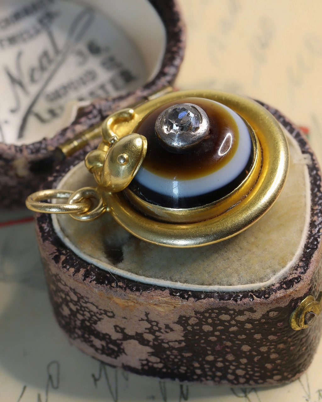 Antique Victorian 15ct Gold Serpent Mourning Pendant with Banded Agate & Diamond