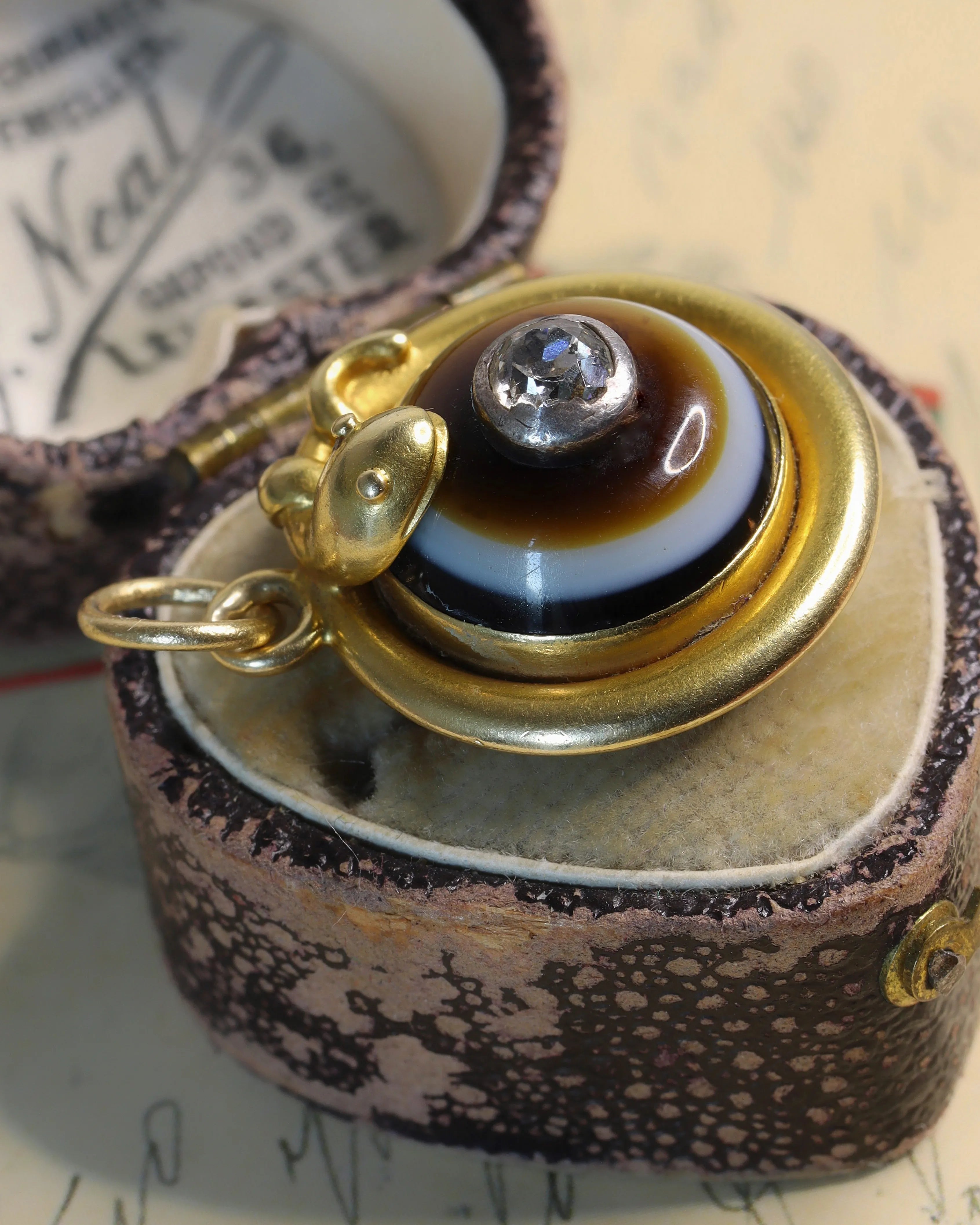 Antique Victorian 15ct Gold Serpent Mourning Pendant with Banded Agate & Diamond