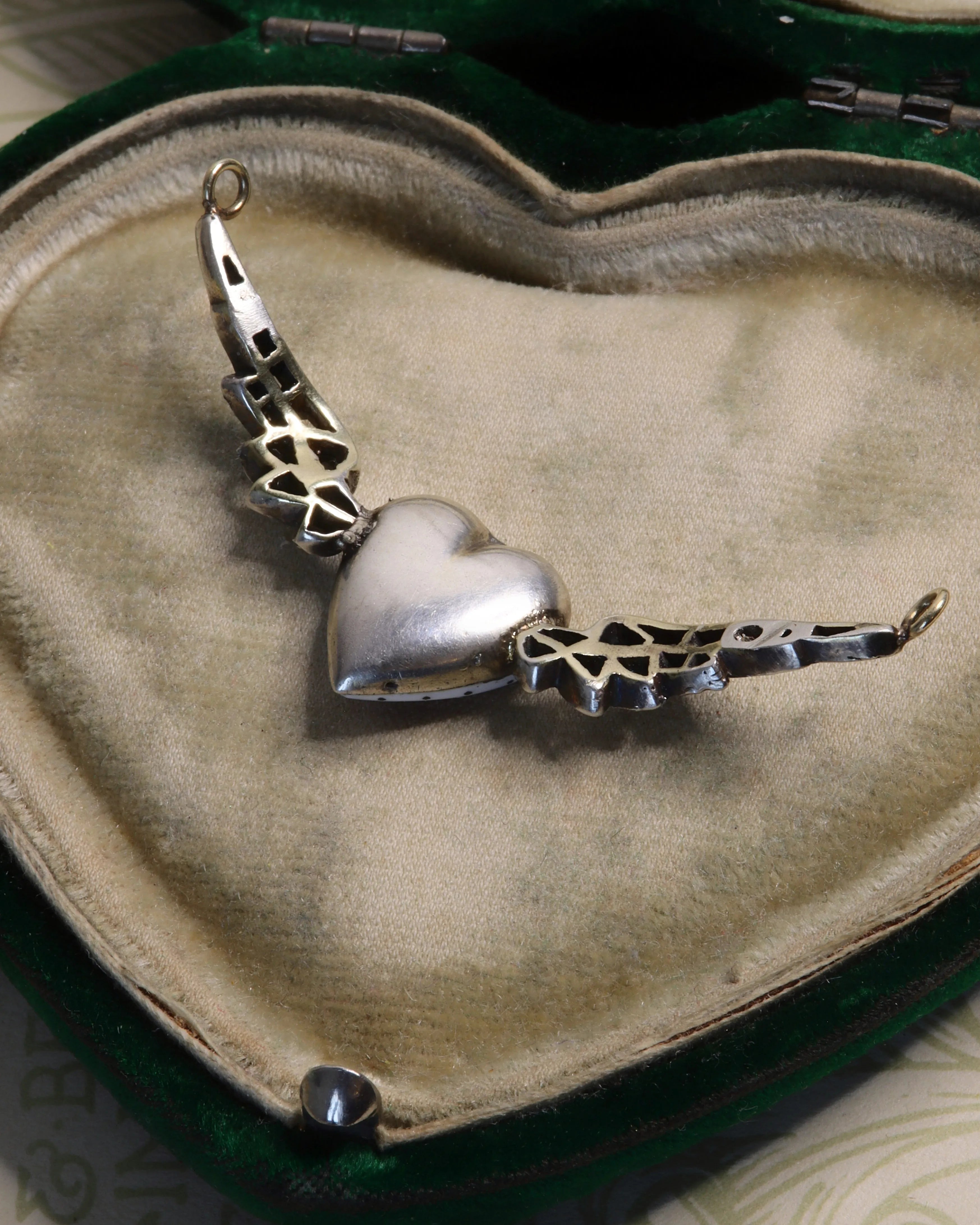 Victorian Winged Silver Heart Pendant with Enamel and Diamonds