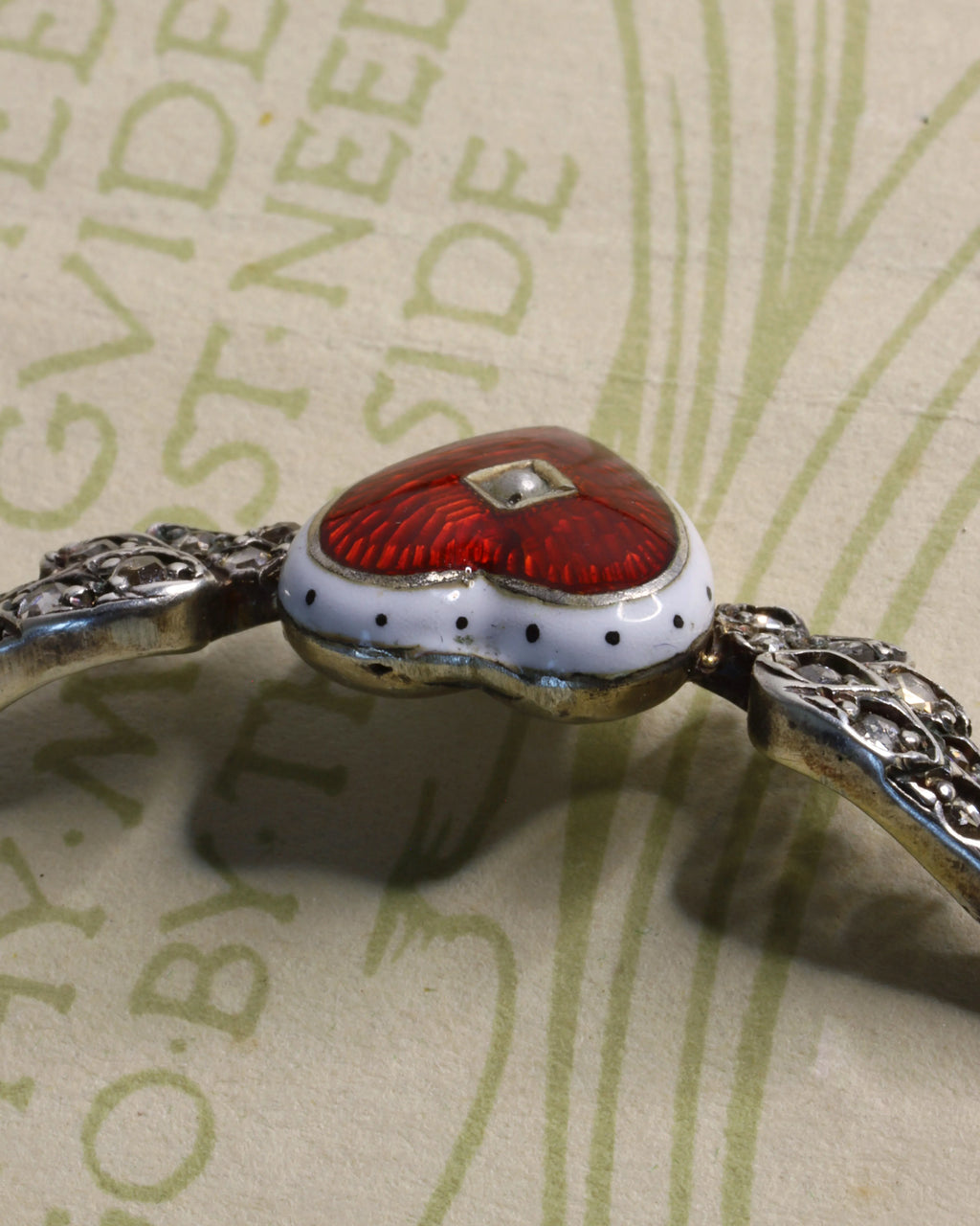Victorian Winged Silver Heart Pendant with Enamel and Diamonds