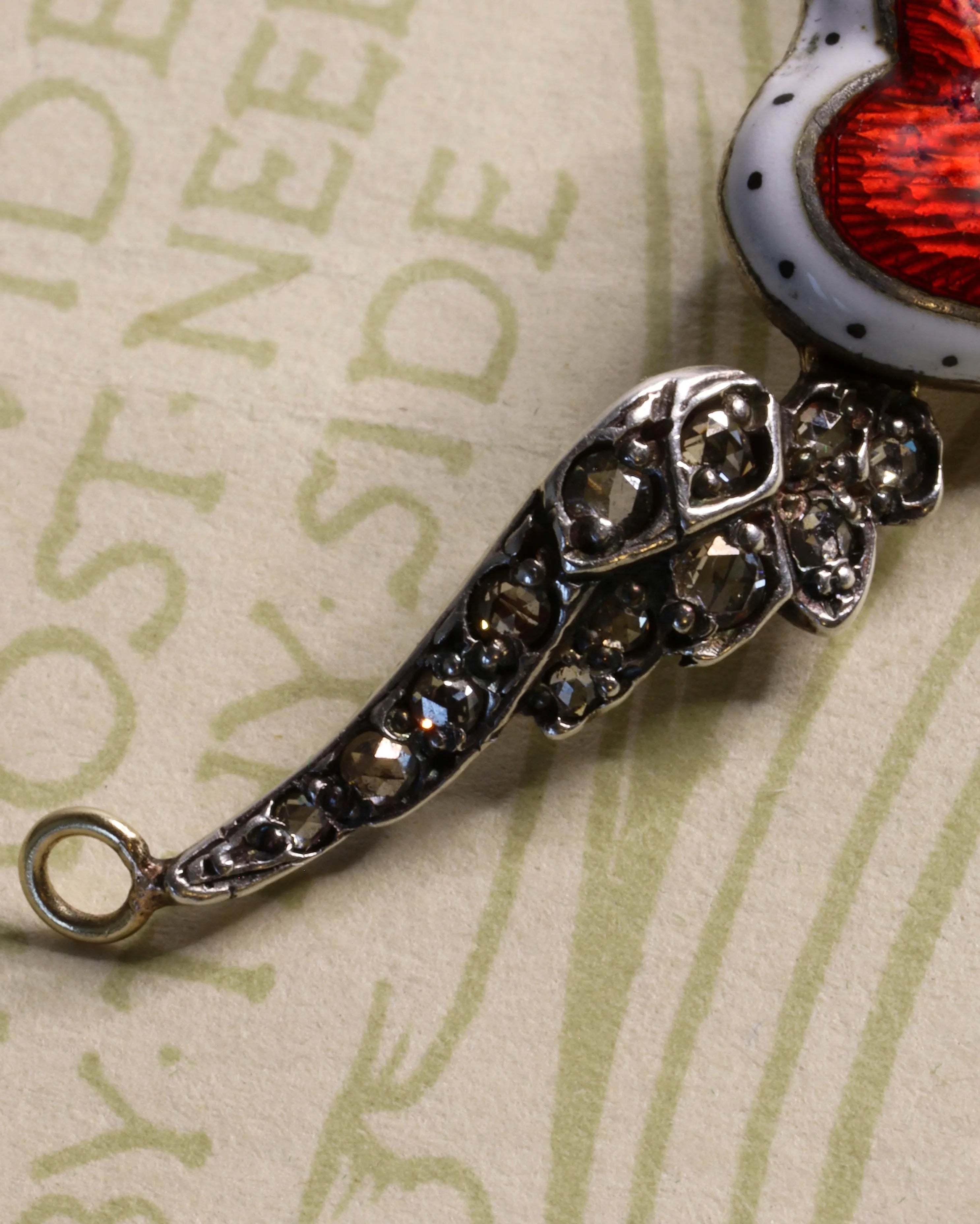 Victorian Winged Silver Heart Pendant with Enamel and Diamonds