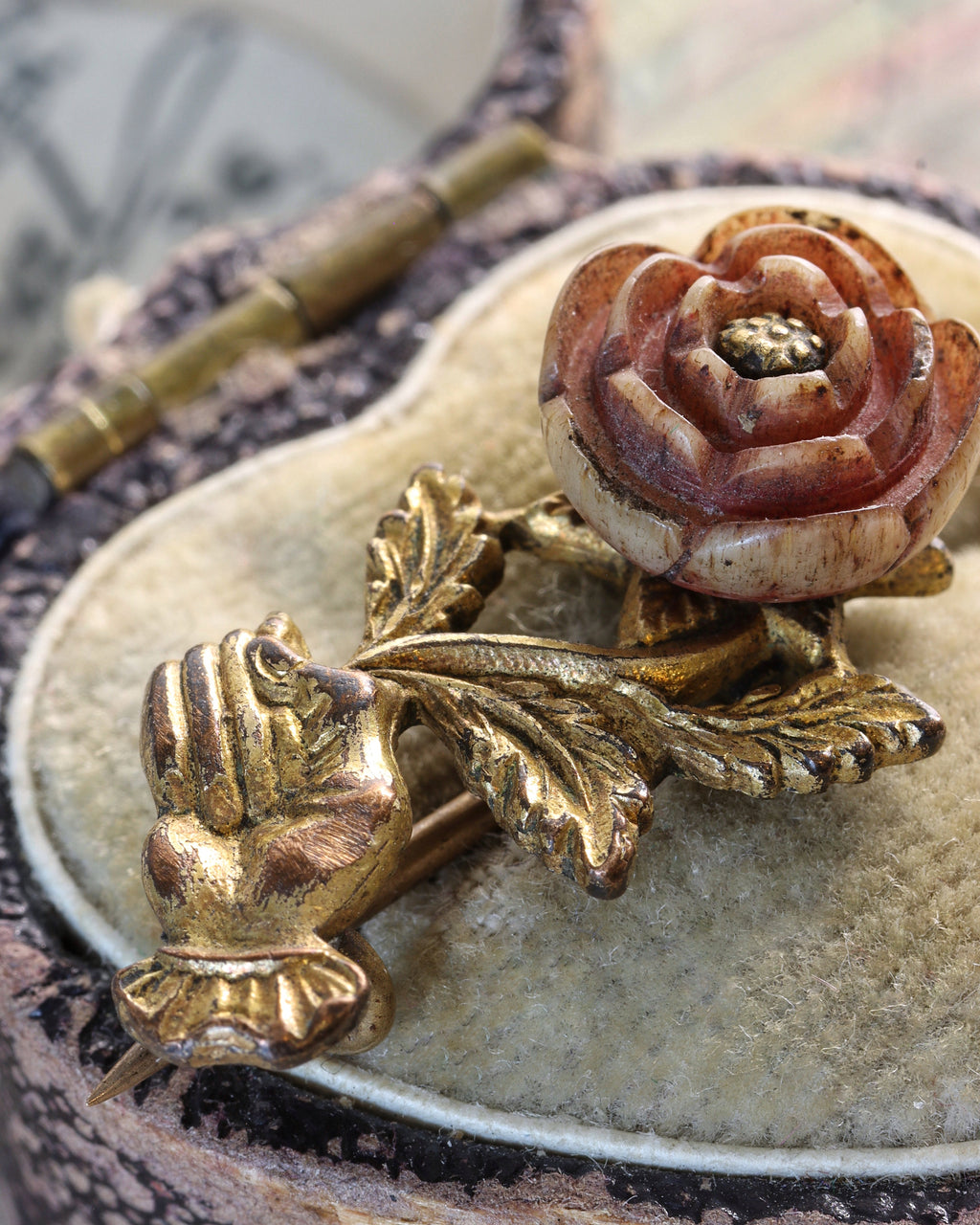 Georgian Gilt Metal Lace Hand & Rose Pin