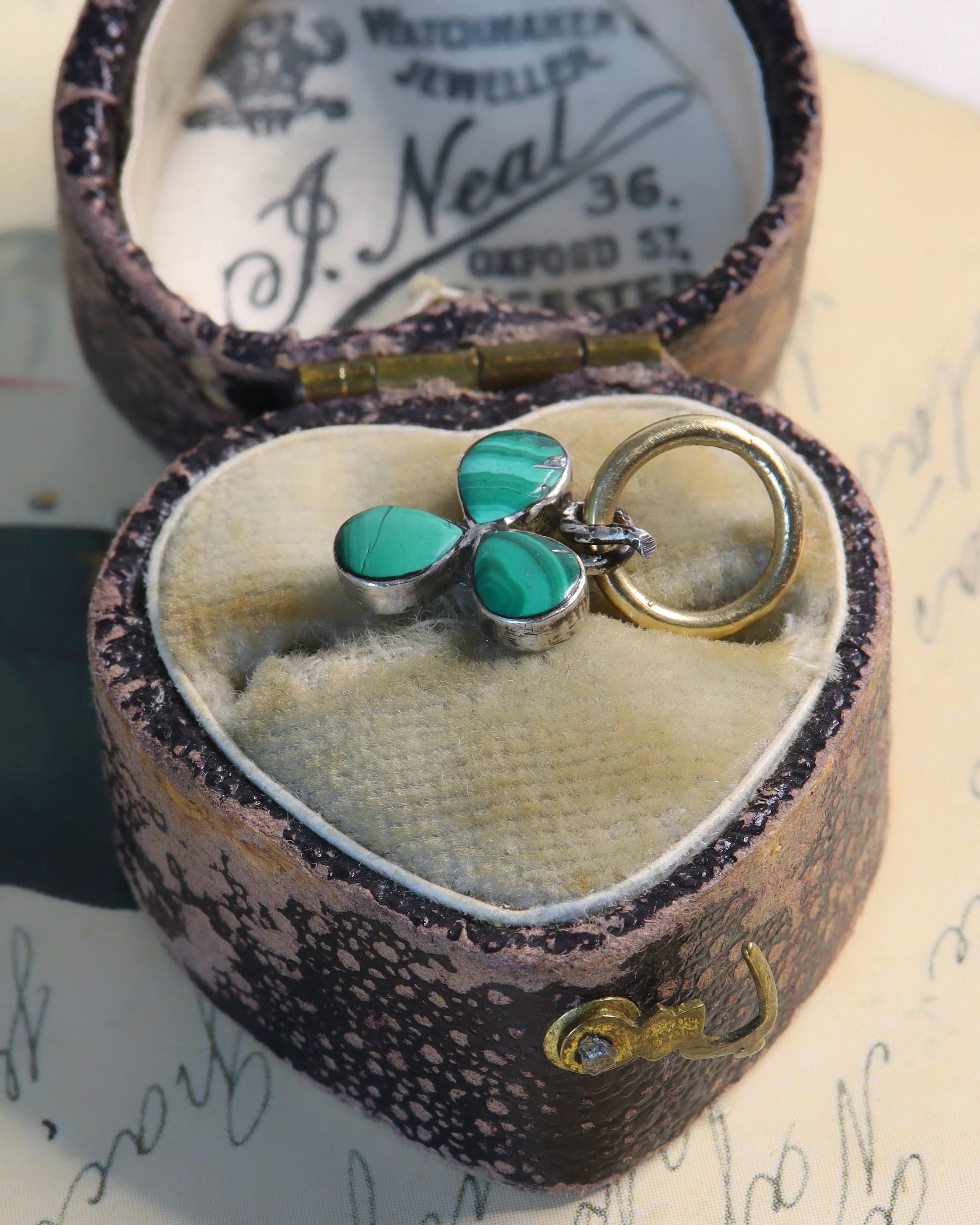 Two Victorian Silver & Malachite Lucky Clover Charms