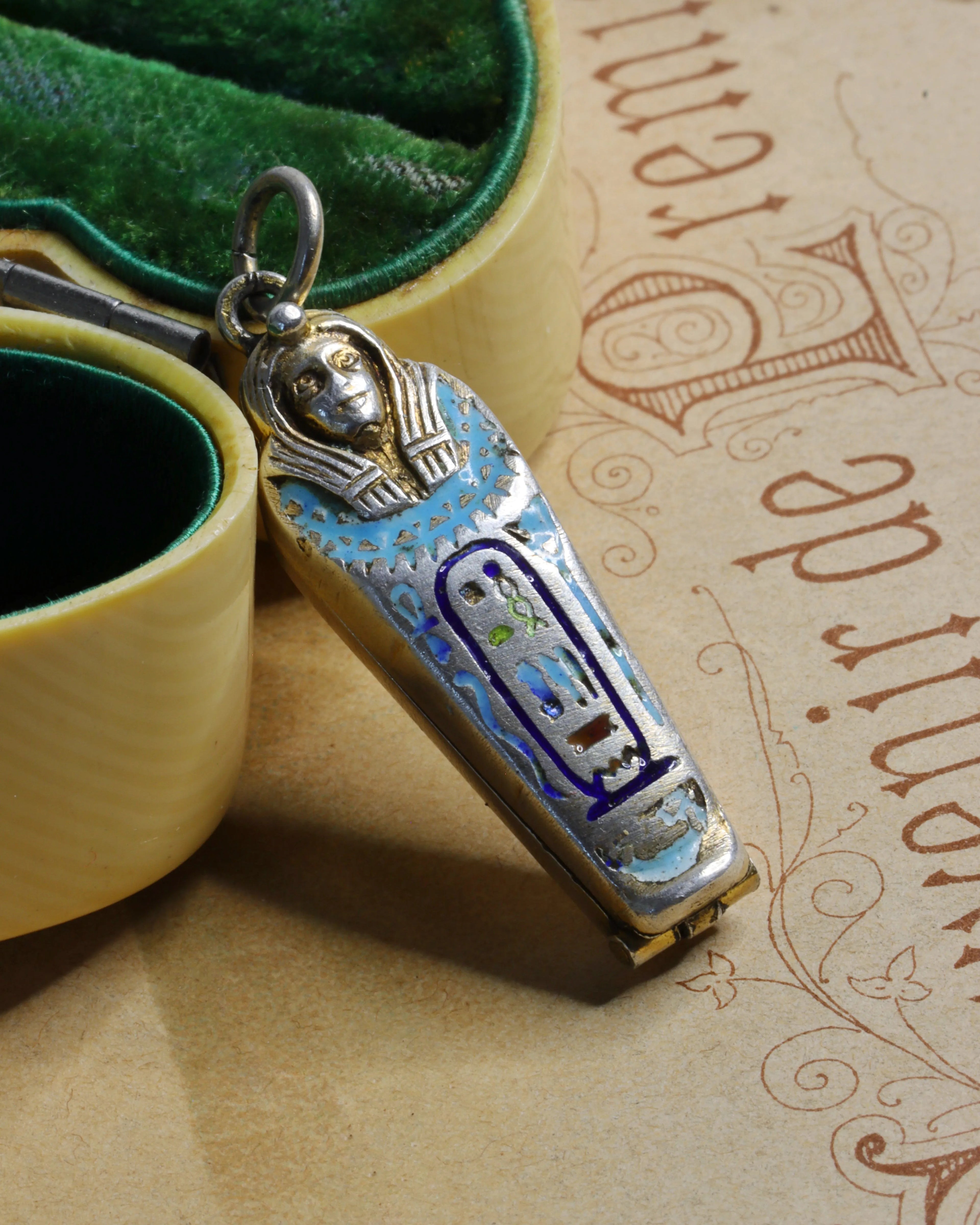 Art Deco Silver Sarcophagus Charm with Gilt Mummy