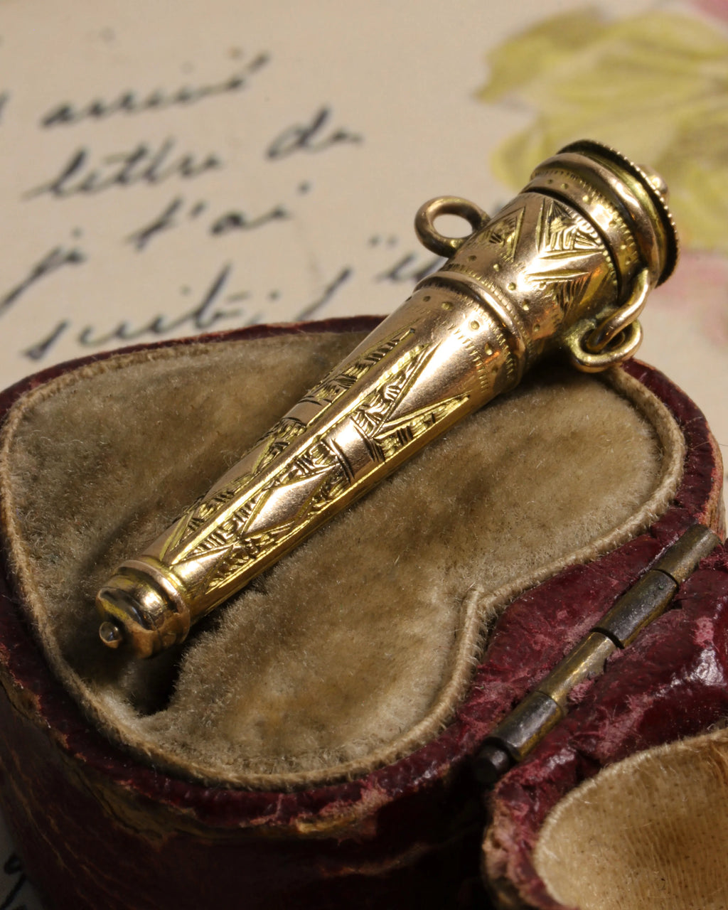 Antique 9ct Gold French Needle Case With Vauxhall Glass Detail