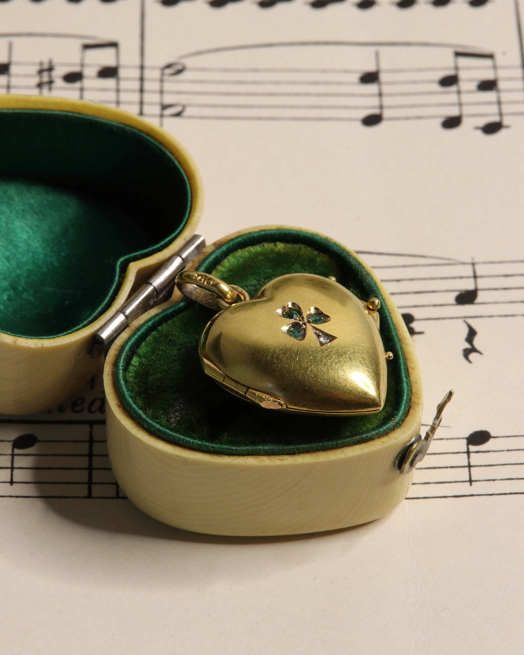 Antique Victorian 22ct Gold Lucky Clover Heart Locket with Emerald and Rose Cut Diamond Detail