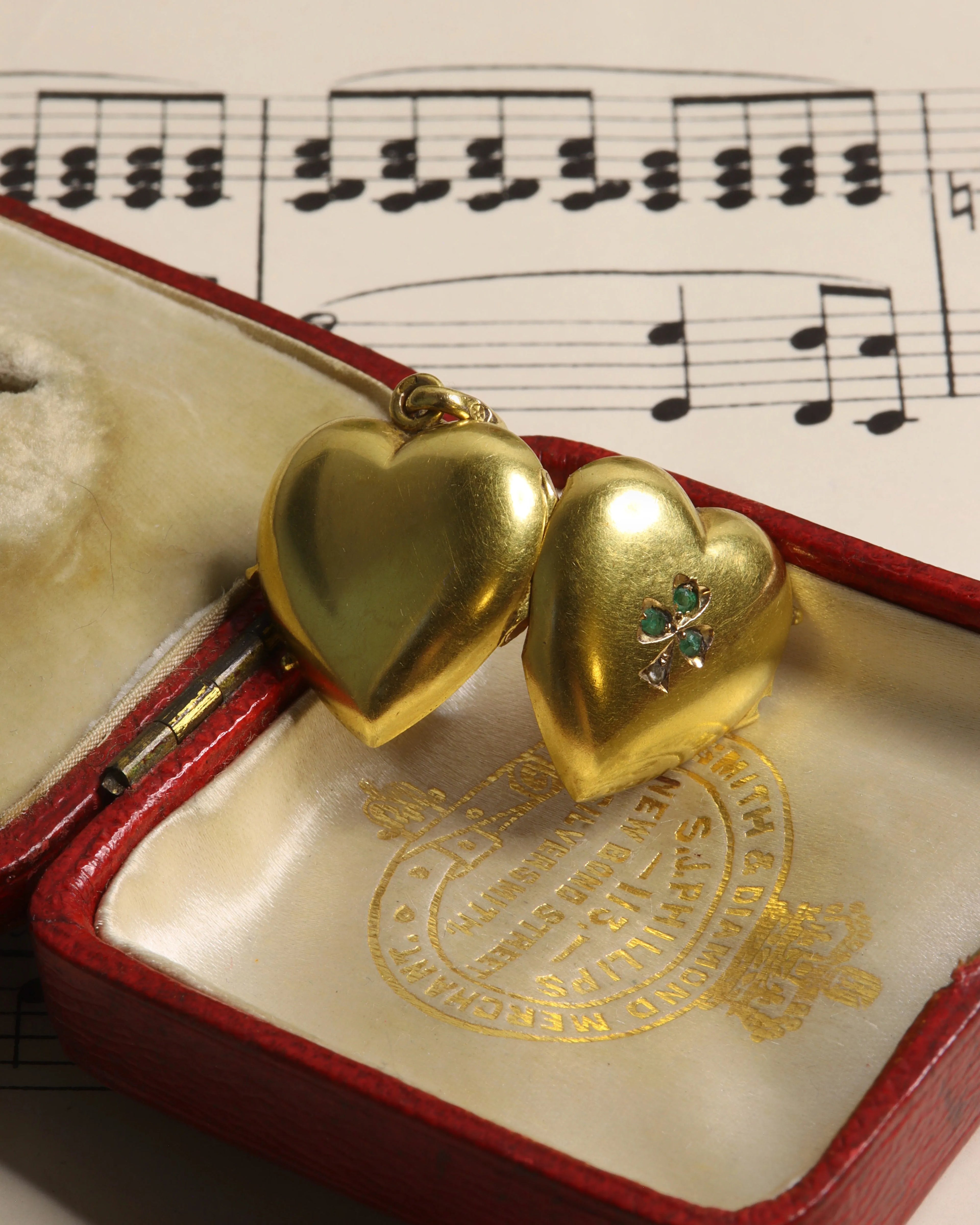 Antique Victorian 22ct Gold Lucky Clover Heart Locket with Emerald and Rose Cut Diamond Detail