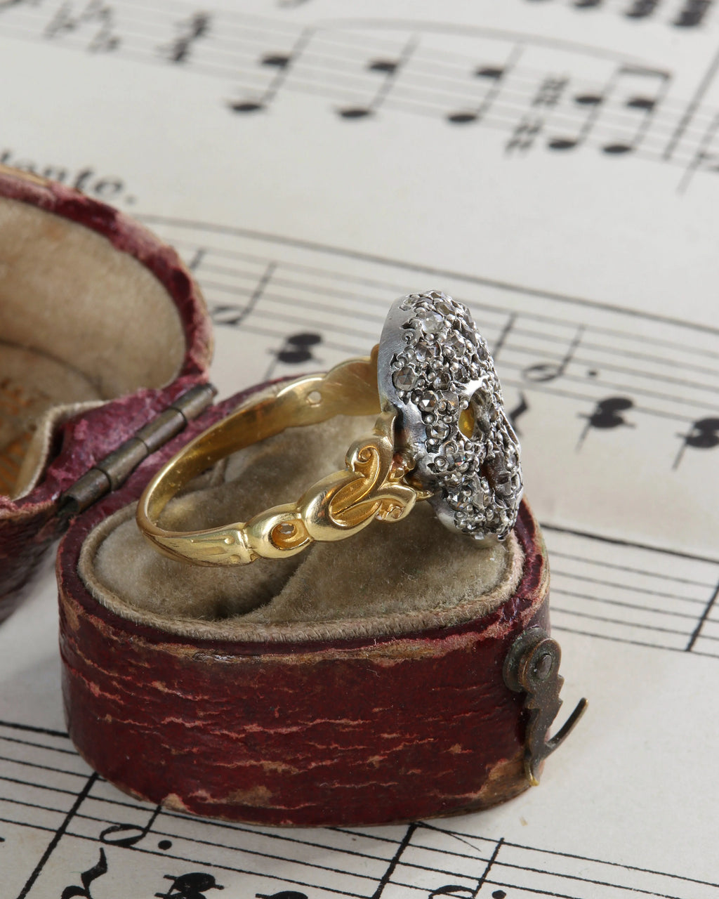 RESERVED Memento Mori Rose Cut Diamond Encrusted Skull Ring in Silver & 15ct Gold