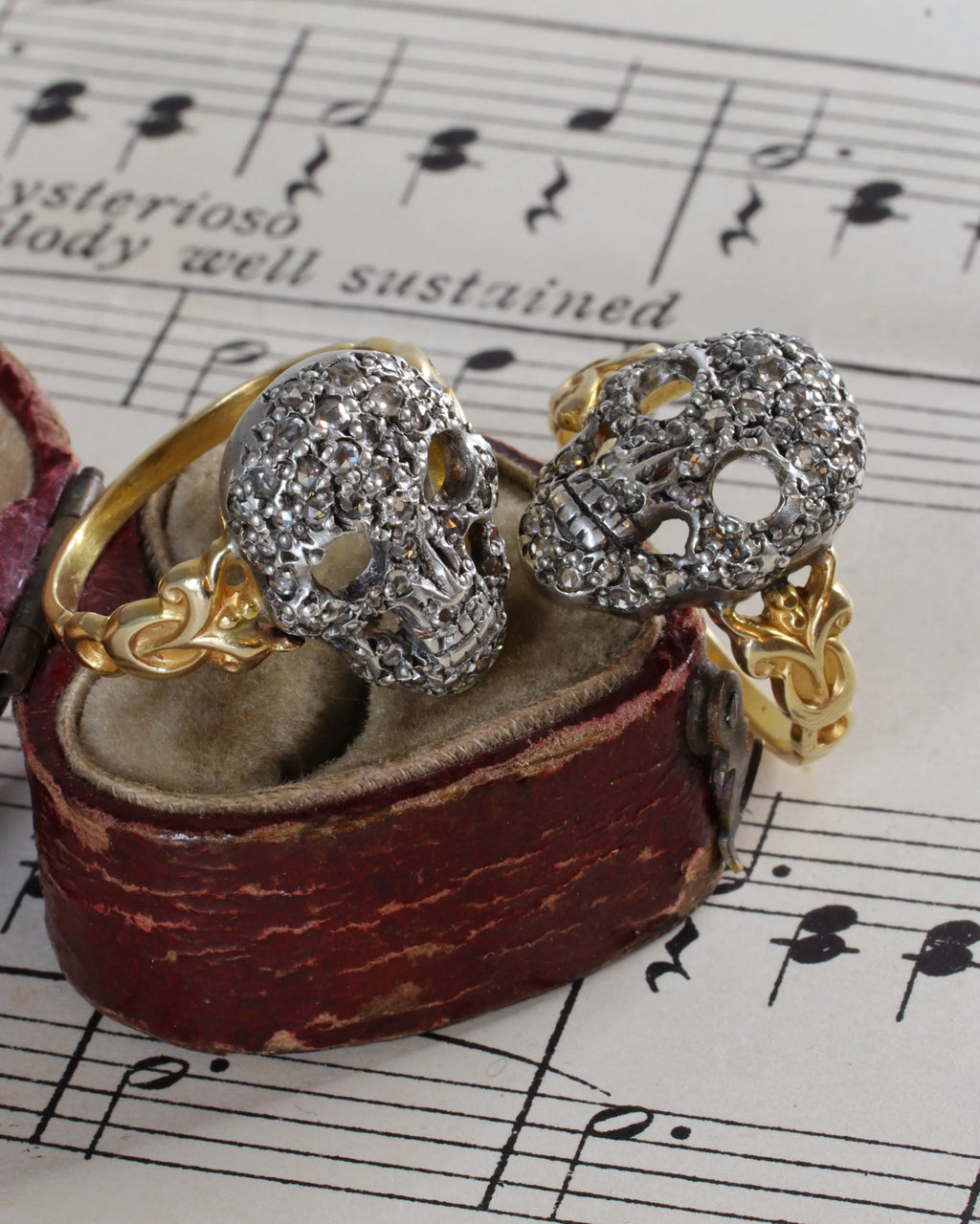 RESERVED Memento Mori Rose Cut Diamond Encrusted Skull Ring in Silver & 15ct Gold