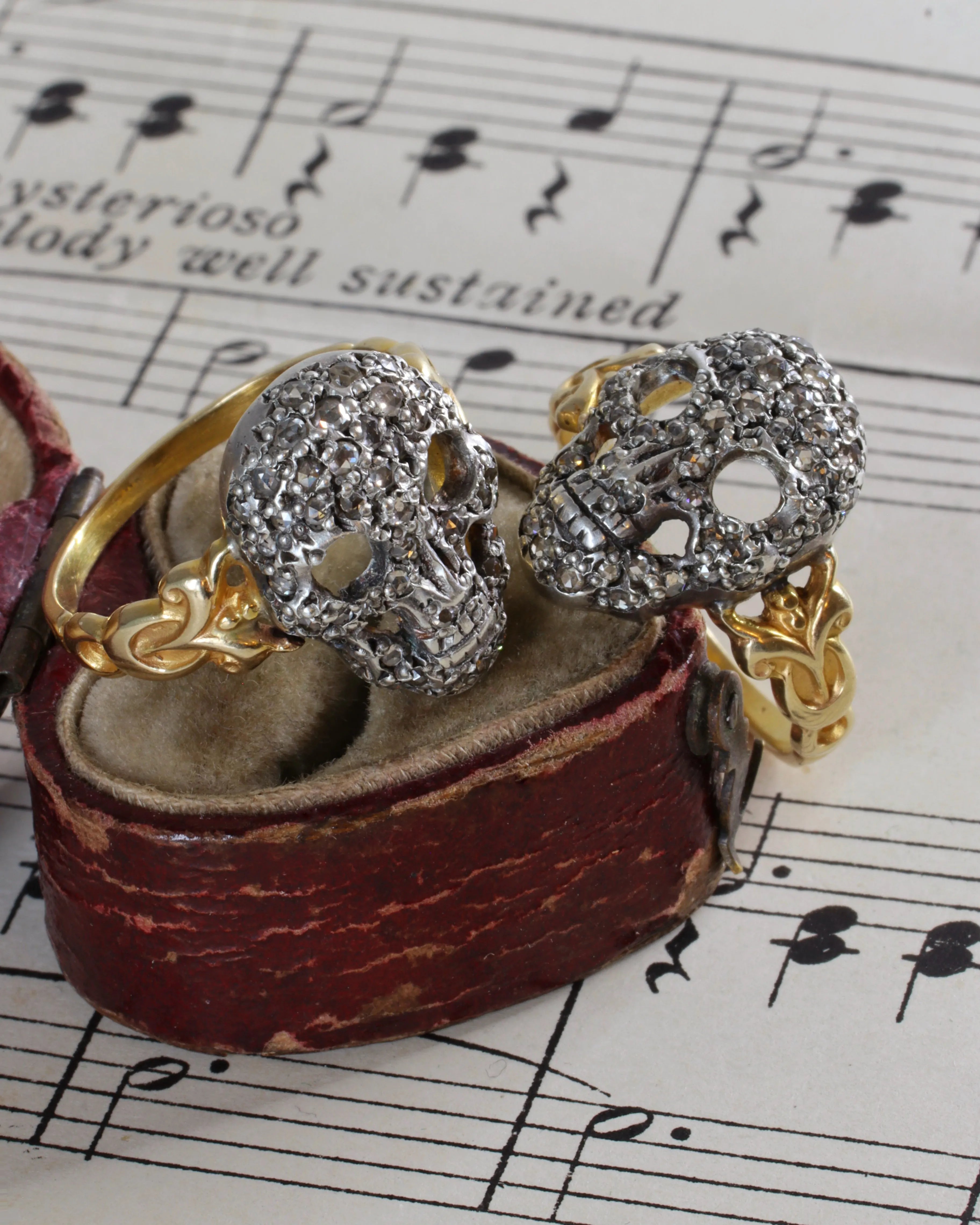 RESERVED Memento Mori Rose Cut Diamond Encrusted Skull Ring in Silver & 15ct Gold
