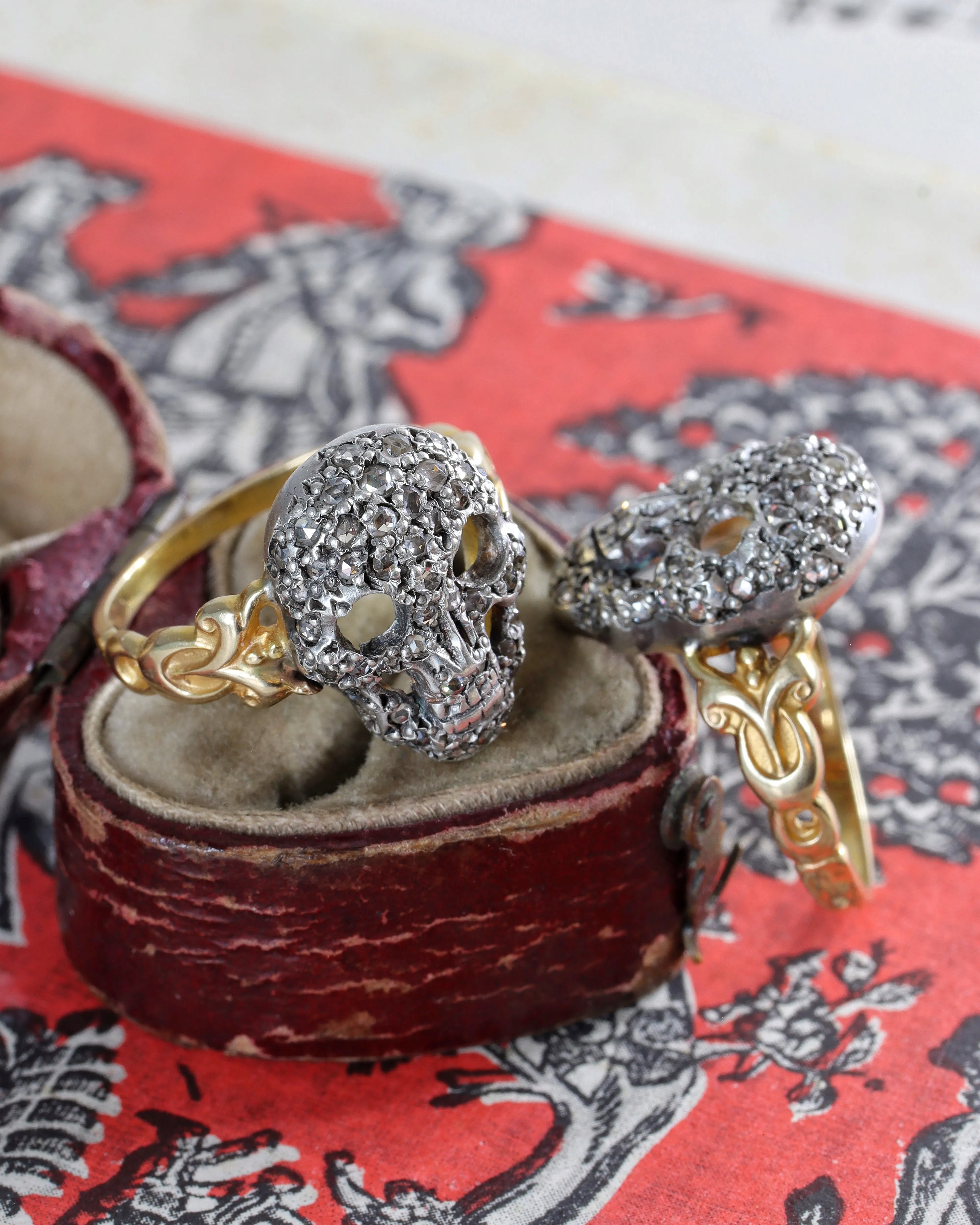 RESERVED Memento Mori Rose Cut Diamond Encrusted Skull Ring in Silver & 15ct Gold