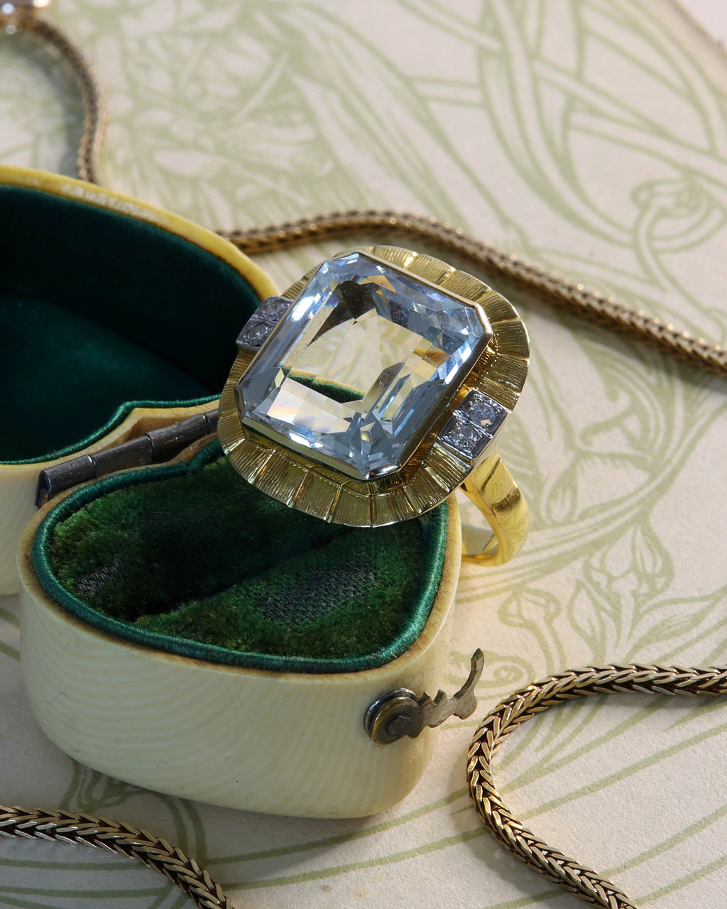 Vintage 18ct Gold and Aquamarine Cocktail Ring with Diamond Detail