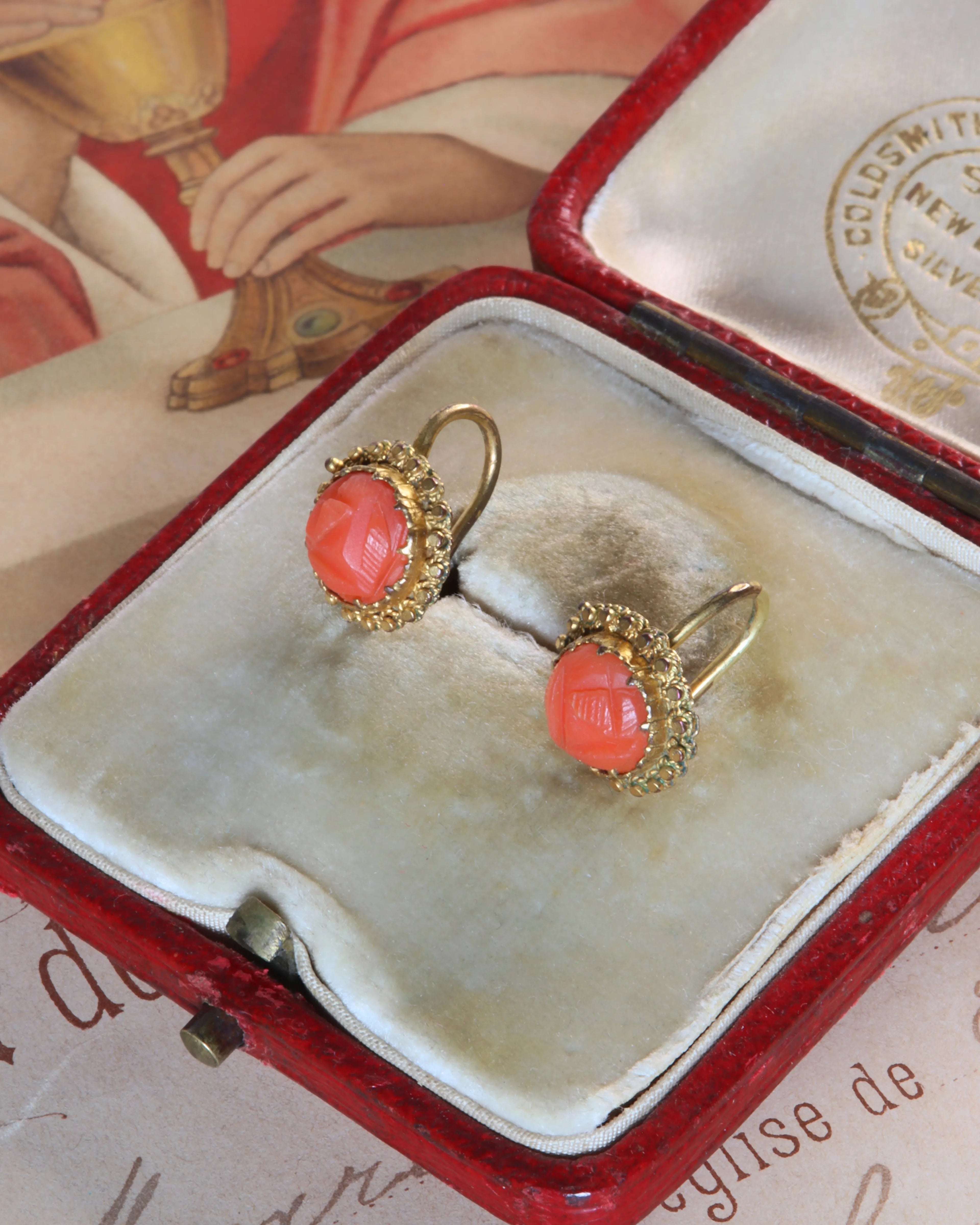 Pinchbeck Georgian Carved Coral Earrings
