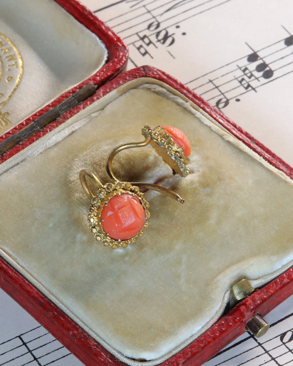 Pinchbeck Georgian Carved Coral Earrings