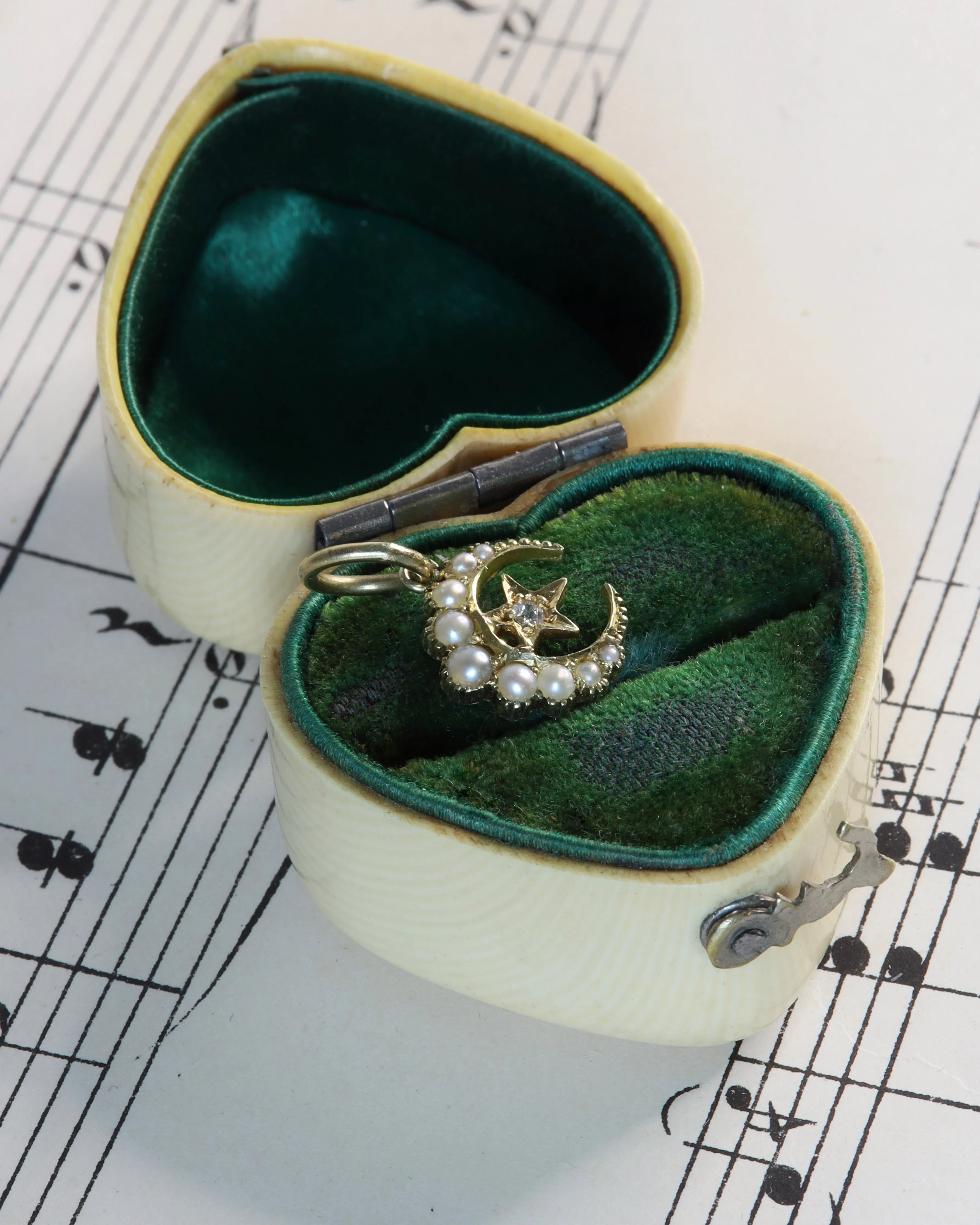 Tiny 15ct Gold Crescent Charm with Diamond & Seed Pearl