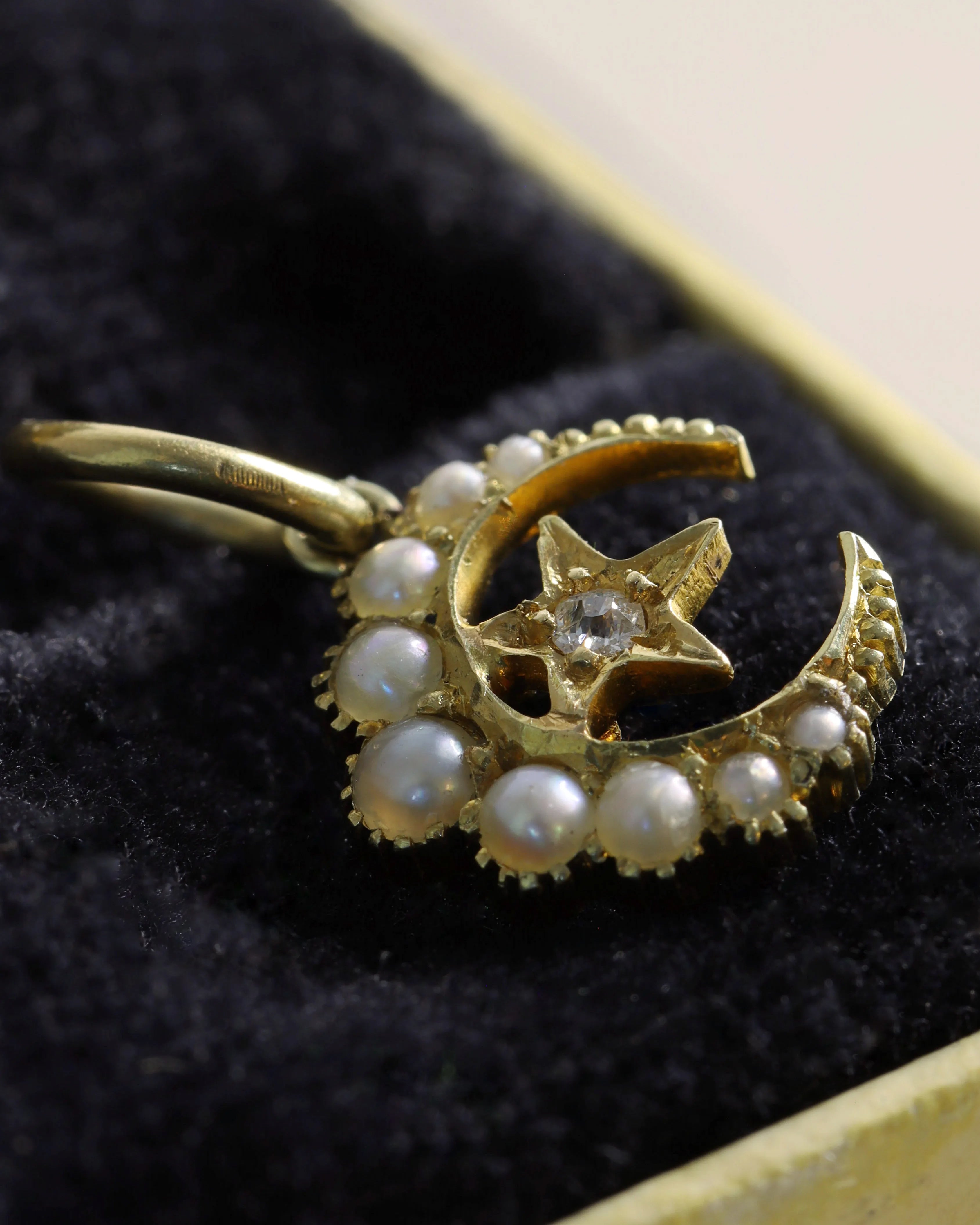 Tiny 15ct Gold Crescent Charm with Diamond & Seed Pearl