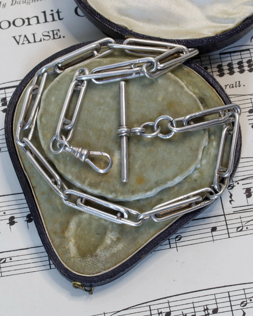 Antique Silver Trombone Link Watch Chain with Dog Clip