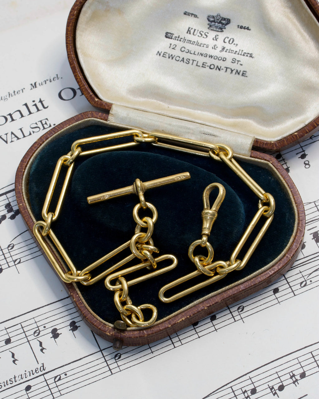 Two Antique Gold Plated Silver Trombone Link Watch Chains with T-Bar and Dog Clip