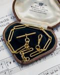 Two Antique Gold Plated Silver Trombone Link Watch Chains with T-Bar and Dog Clip
