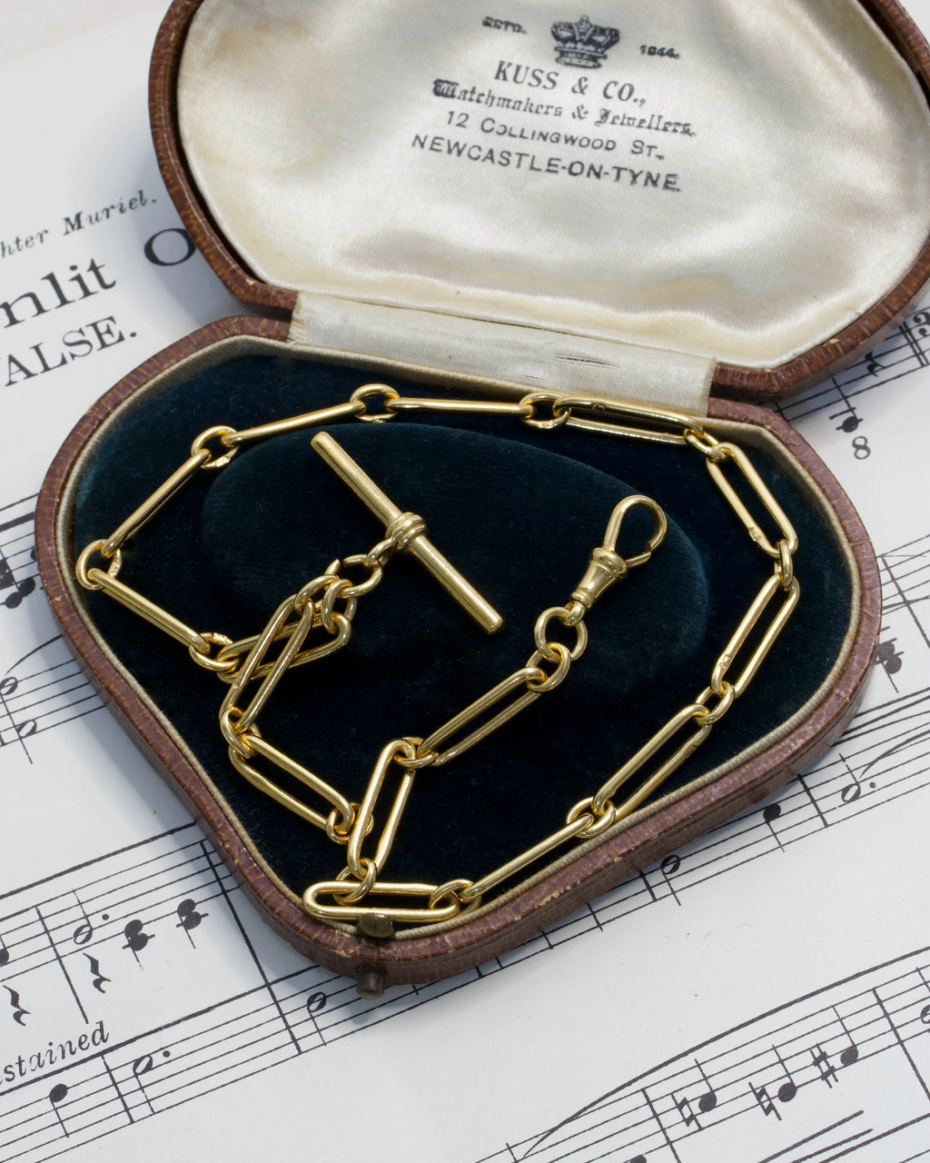 Two Antique Gold Plated Silver Trombone Link Watch Chains with T-Bar and Dog Clip