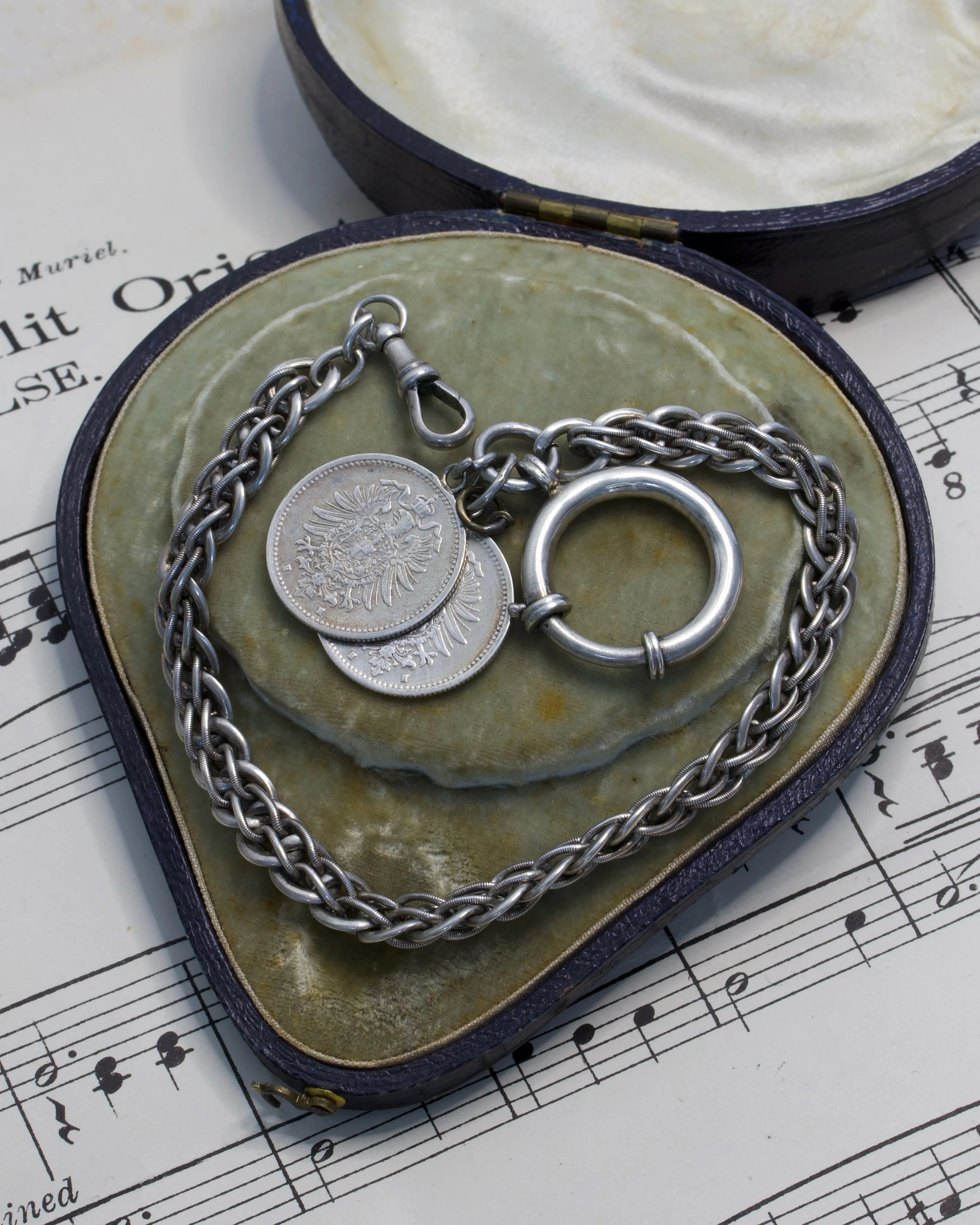 Antique Watch Chain with Dog Clip, Bolt Clasp and Coin Details