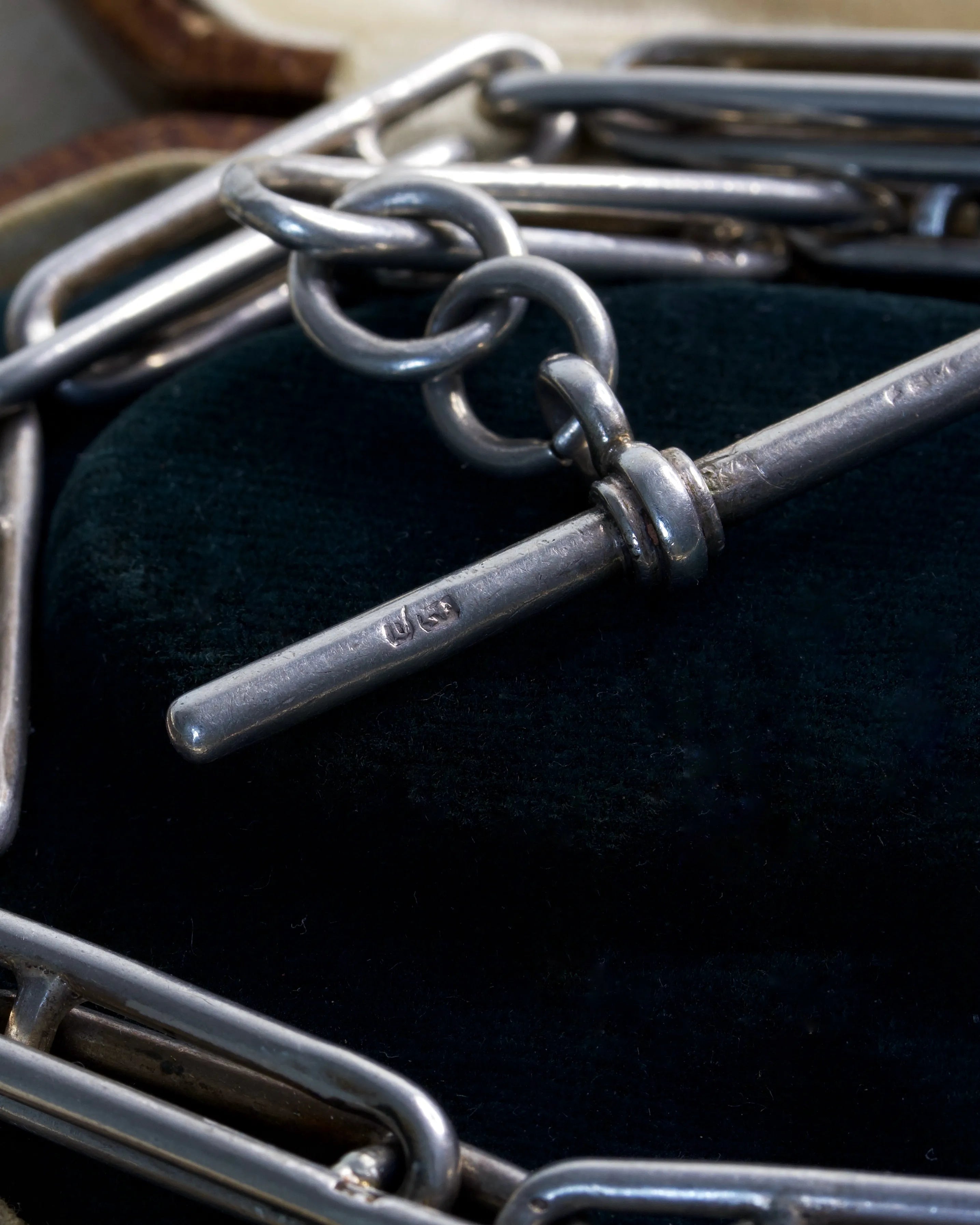 Antique Silver Trombone Link Watch Chain with Dog Clip