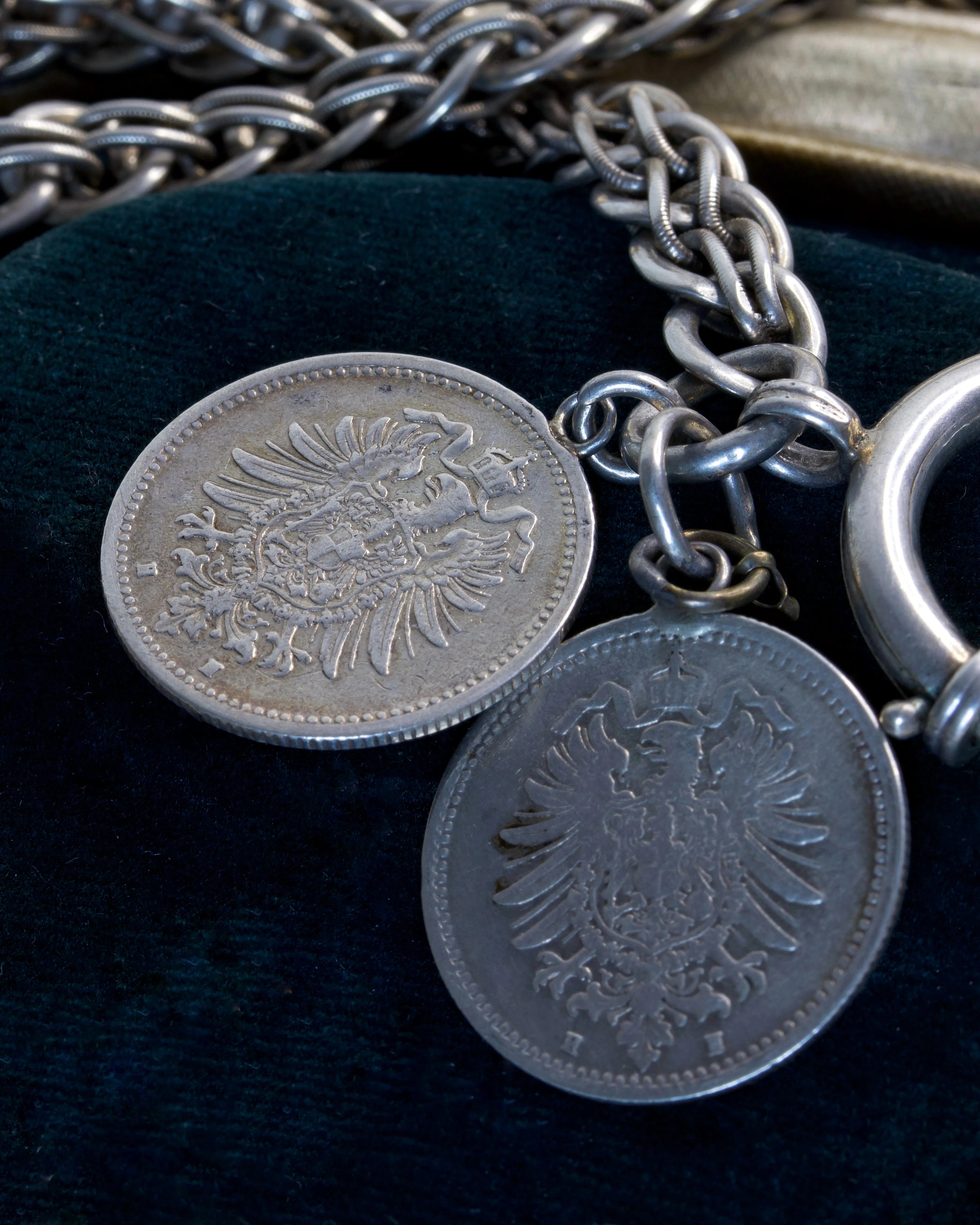 Antique Watch Chain with Dog Clip, Bolt Clasp and Coin Details