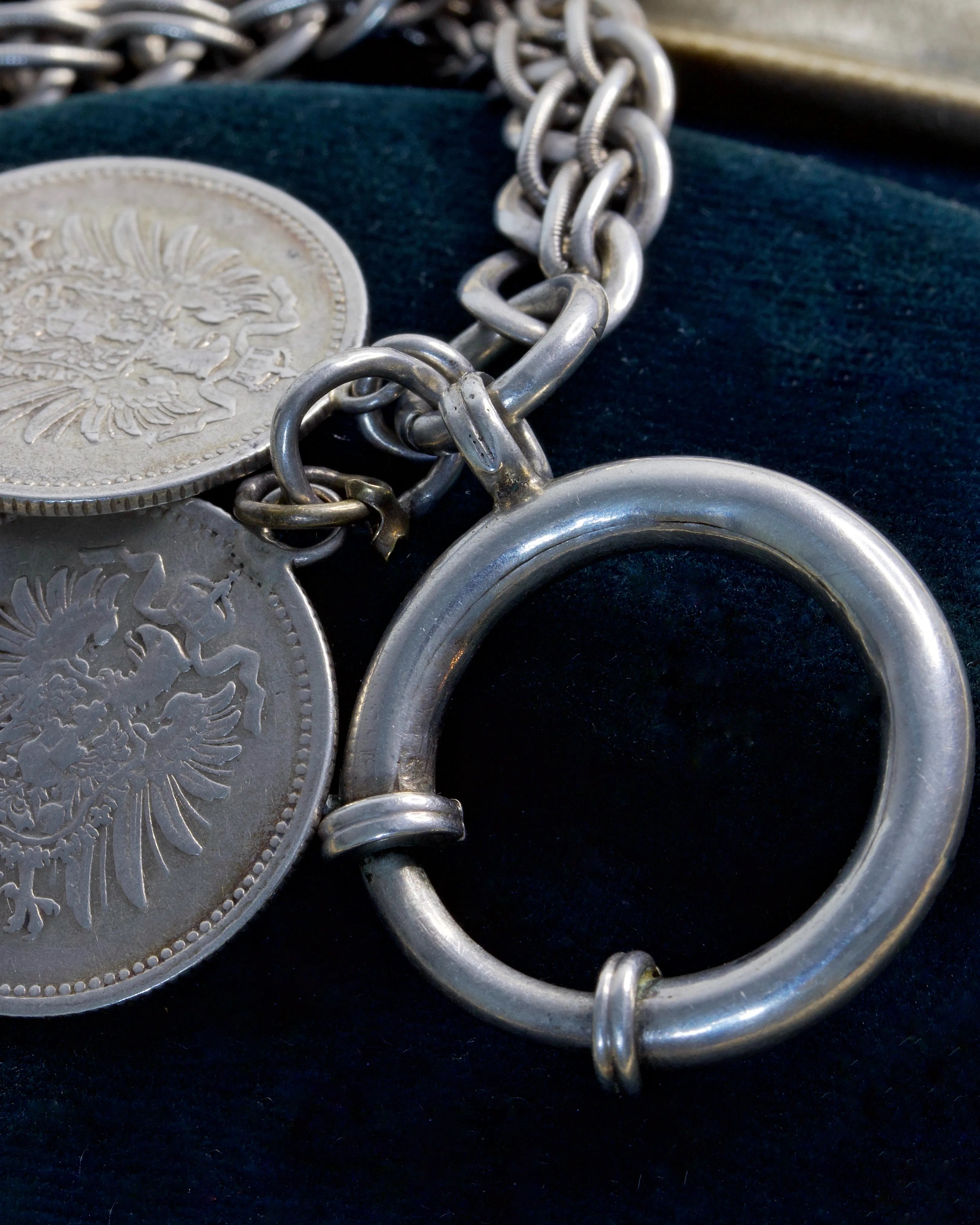 Antique Watch Chain with Dog Clip, Bolt Clasp and Coin Details