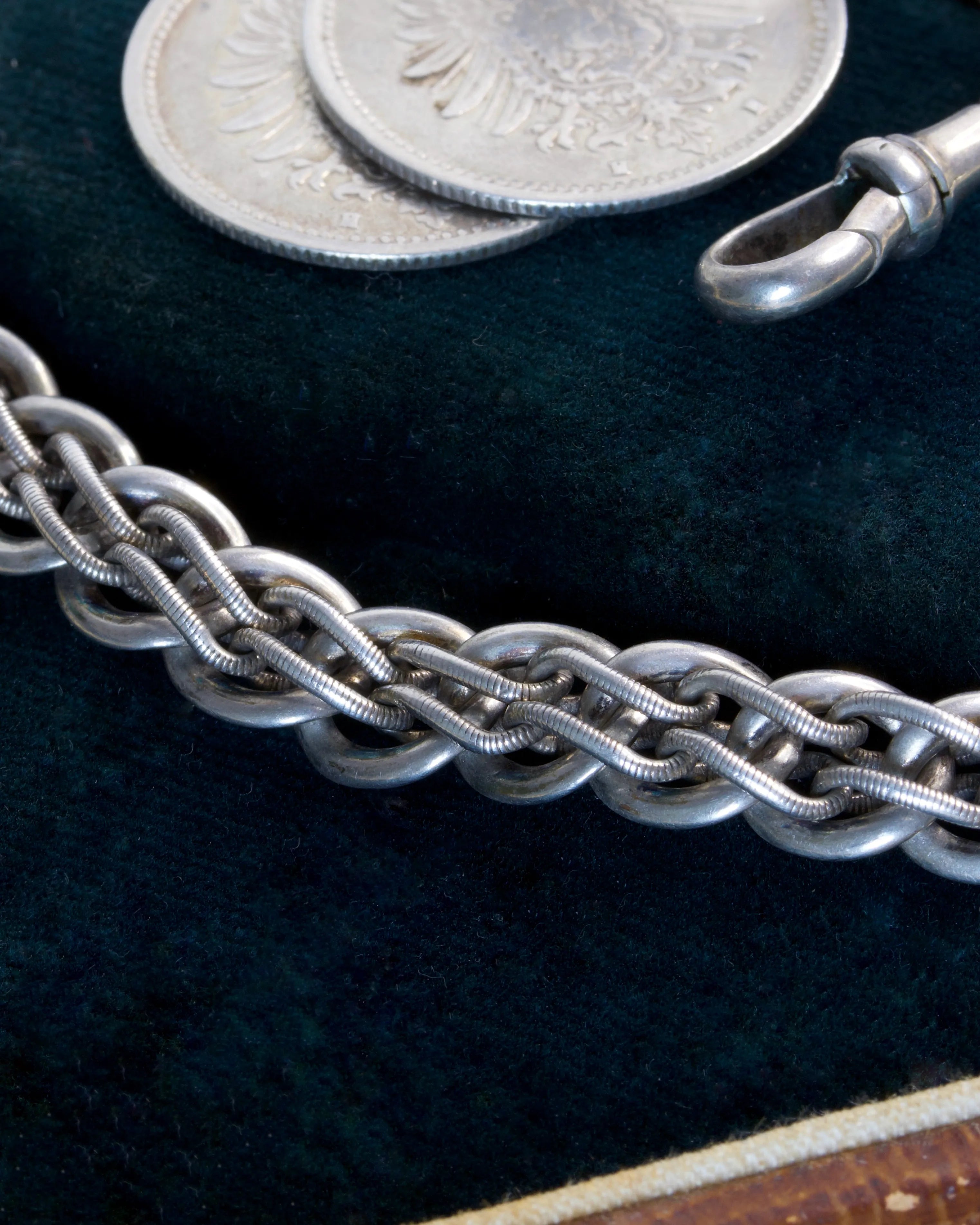 Antique Watch Chain with Dog Clip, Bolt Clasp and Coin Details