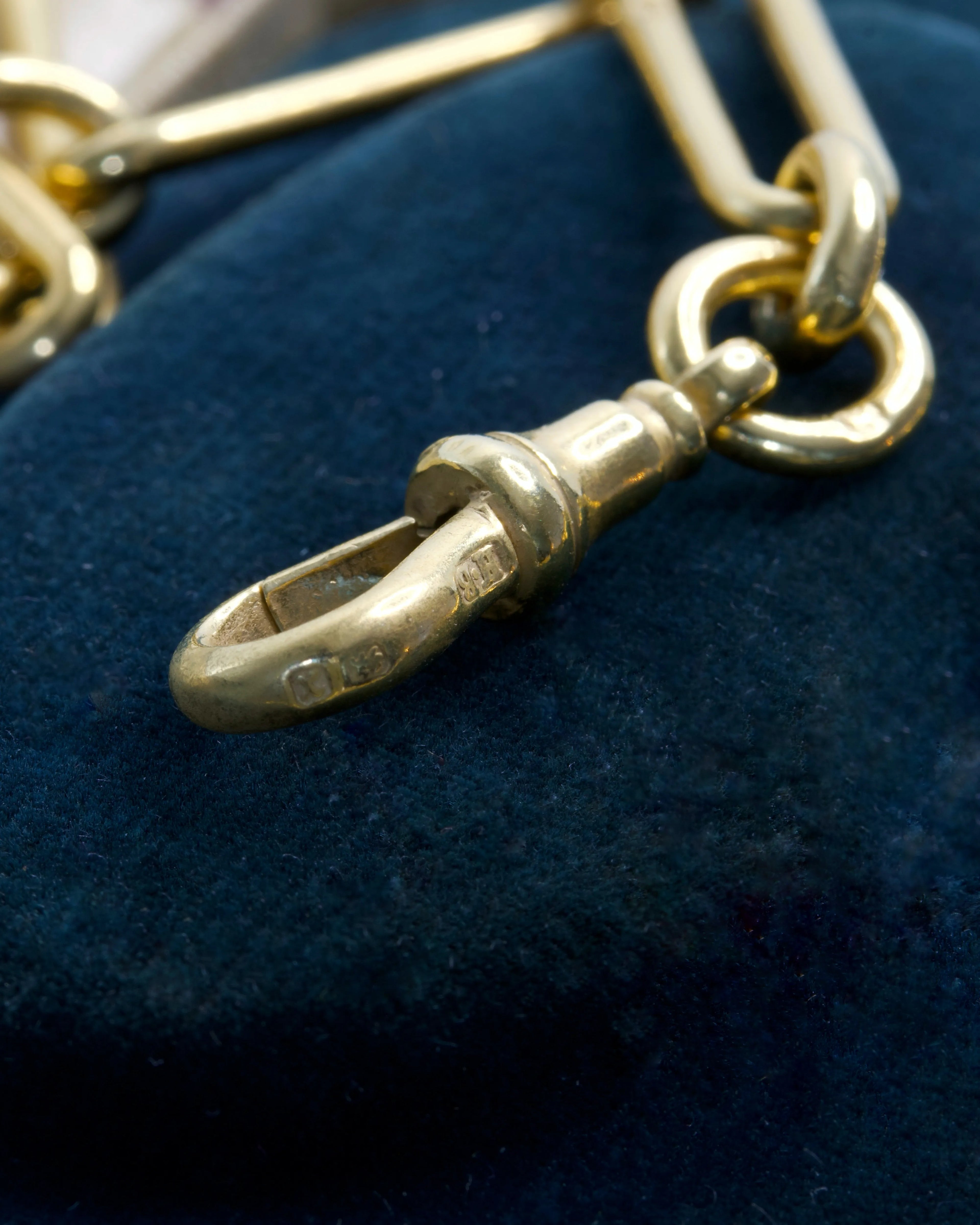 Two Antique Gold Plated Silver Trombone Link Watch Chains with T-Bar and Dog Clip