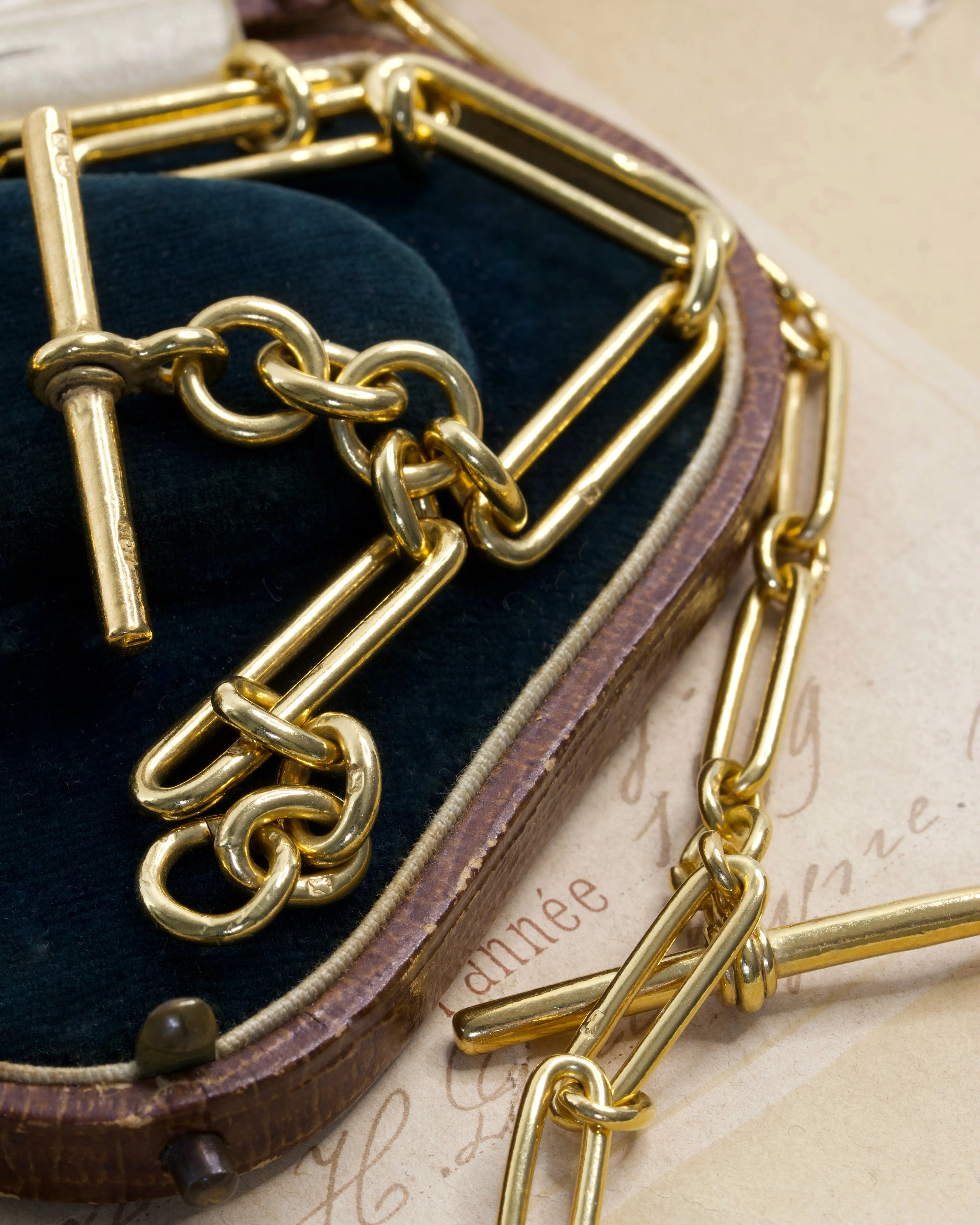 Two Antique Gold Plated Silver Trombone Link Watch Chains with T-Bar and Dog Clip