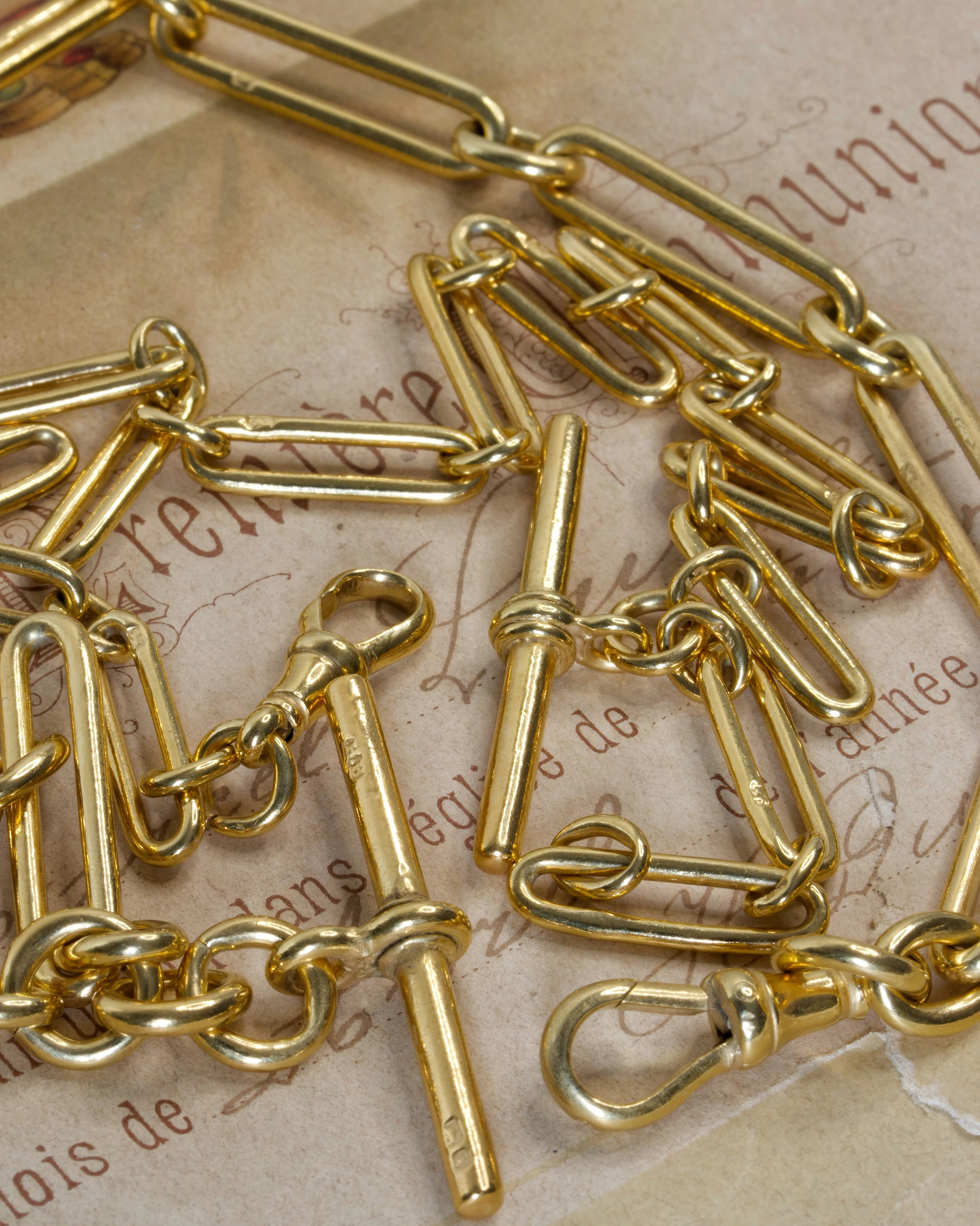 Two Antique Gold Plated Silver Trombone Link Watch Chains with T-Bar and Dog Clip