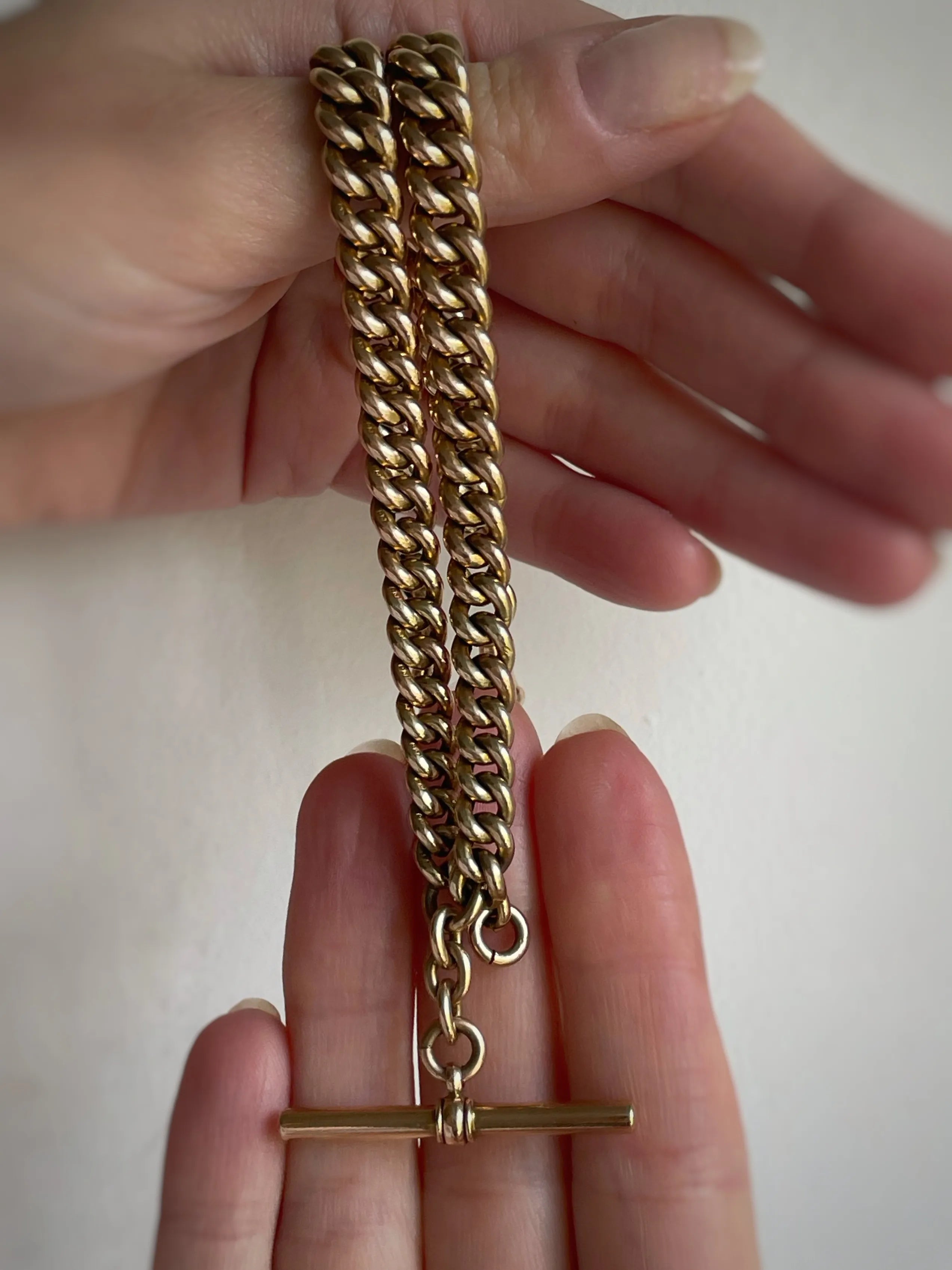 Antique Victorian Curb Link Watch Chain With T-bar And Two Dog Clips