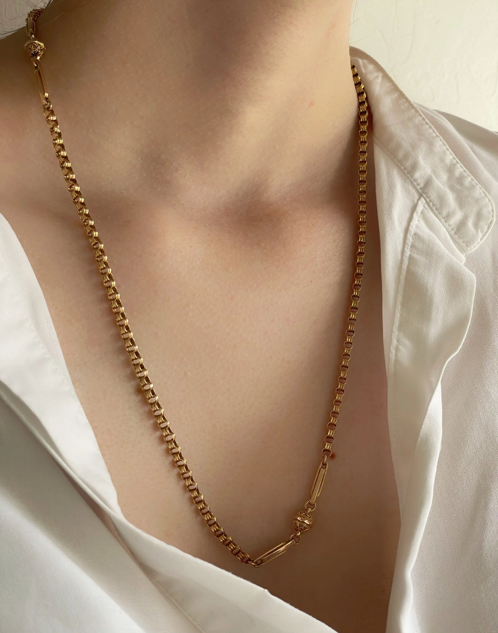 Antique Victorian 9ct Yellow Gold Fancy Link Chain With Orb Detail