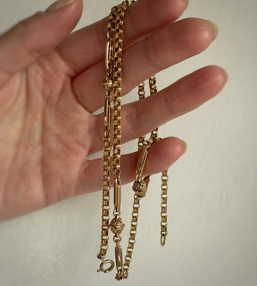 Antique Victorian 9ct Yellow Gold Fancy Link Chain With Orb Detail