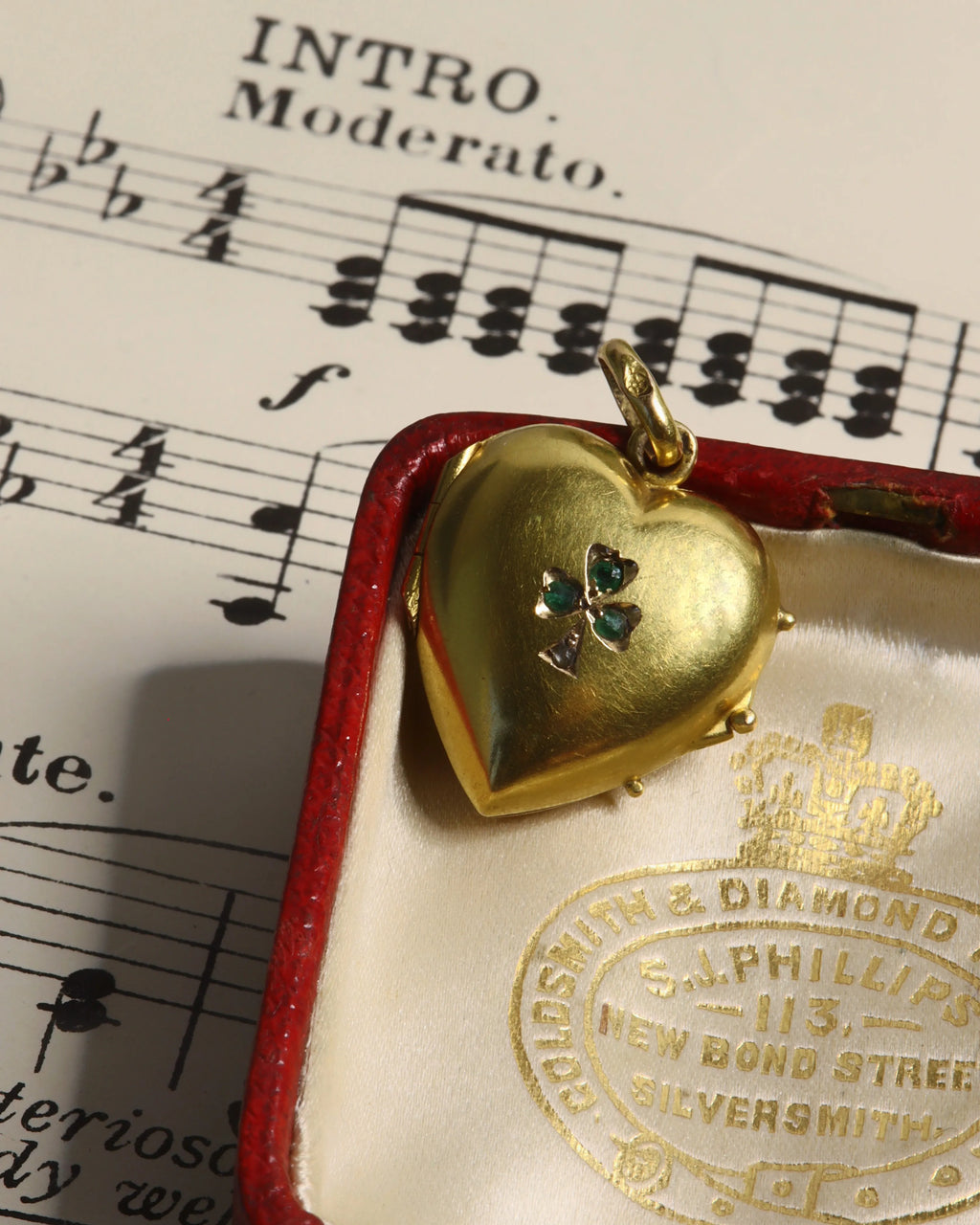 Antique Victorian 22ct Gold Lucky Clover Heart Locket with Emerald and Rose Cut Diamond Detail