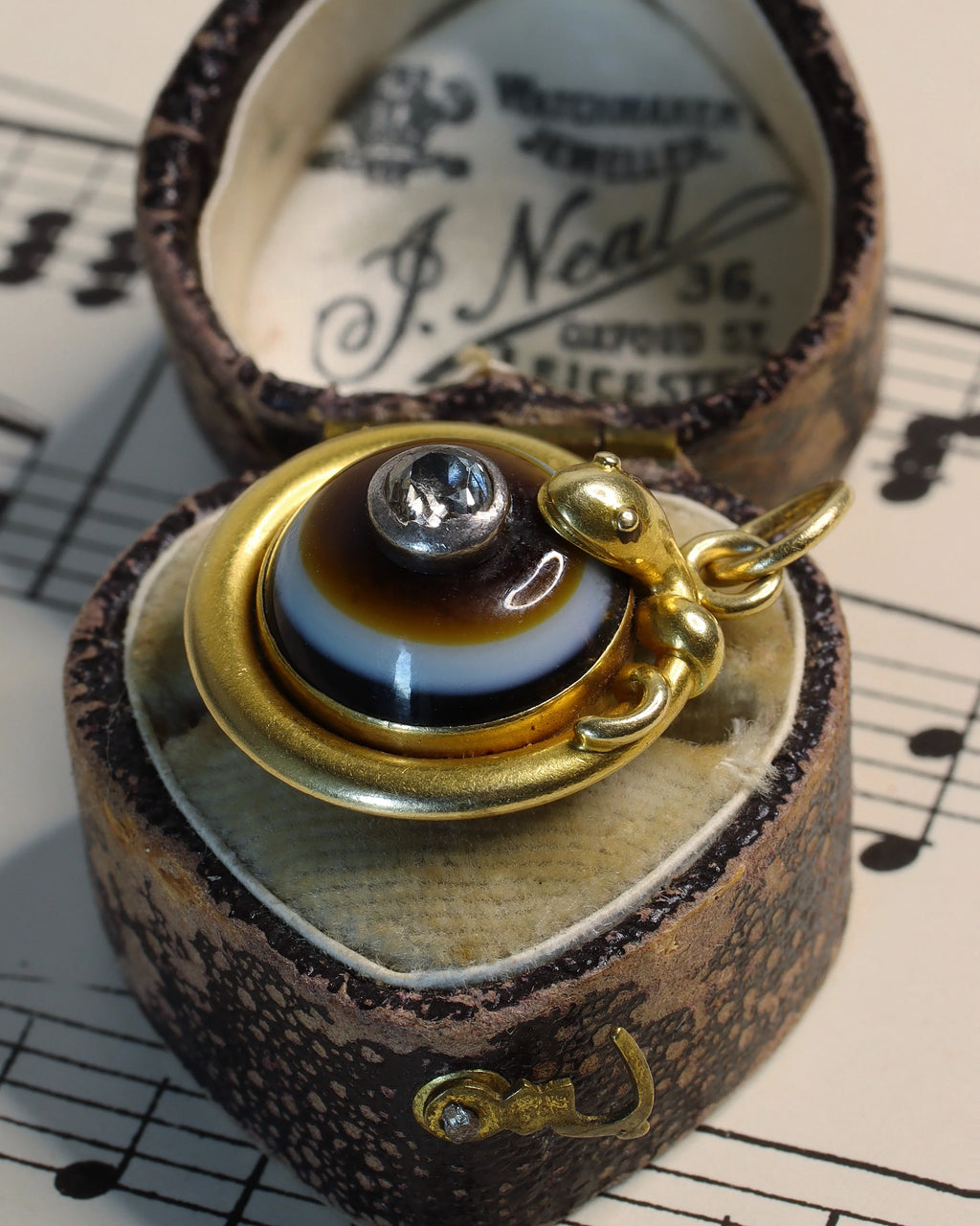 Antique Victorian 15ct Gold Serpent Mourning Pendant with Banded Agate & Diamond