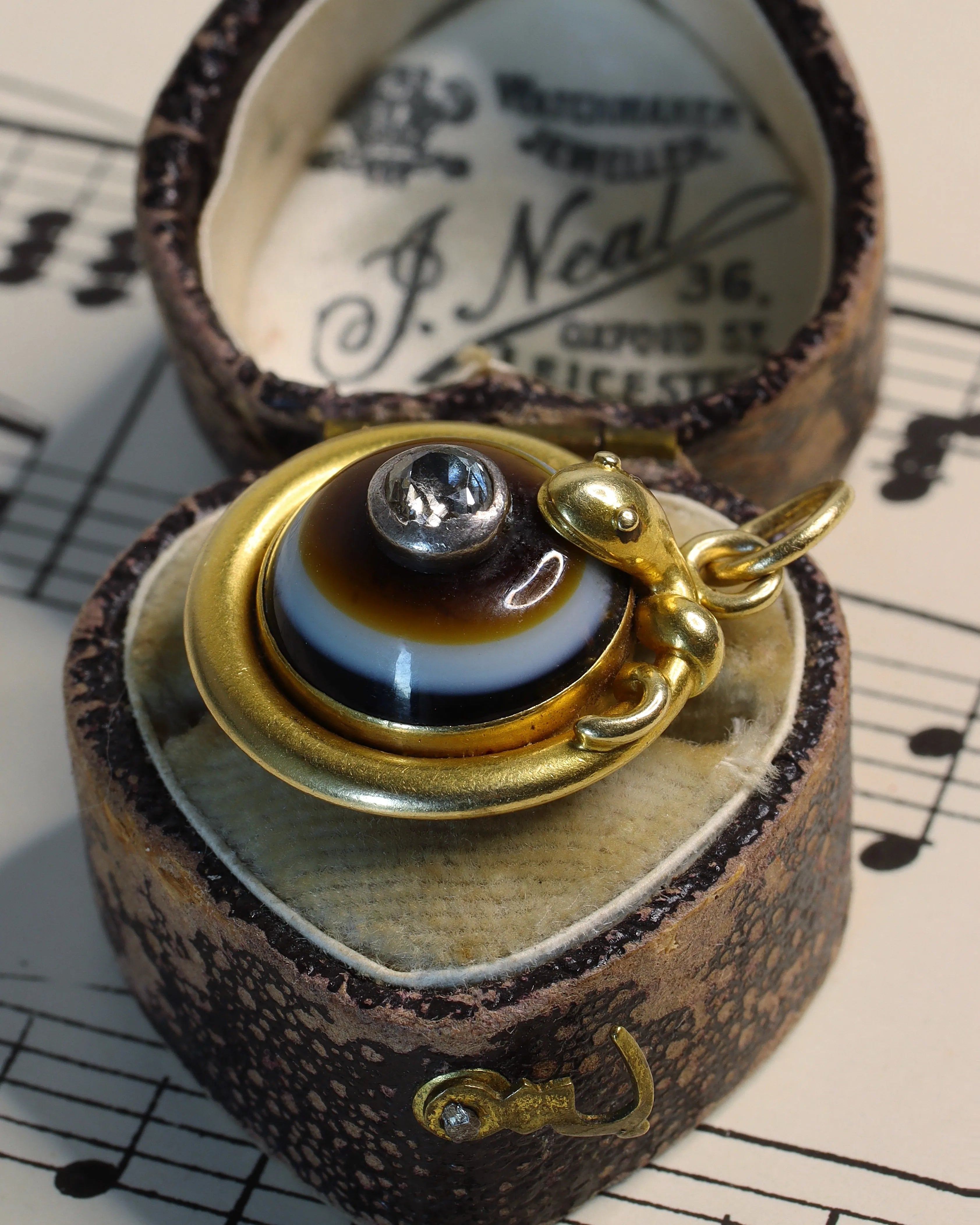 Antique Victorian 15ct Gold Serpent Mourning Pendant with Banded Agate & Diamond