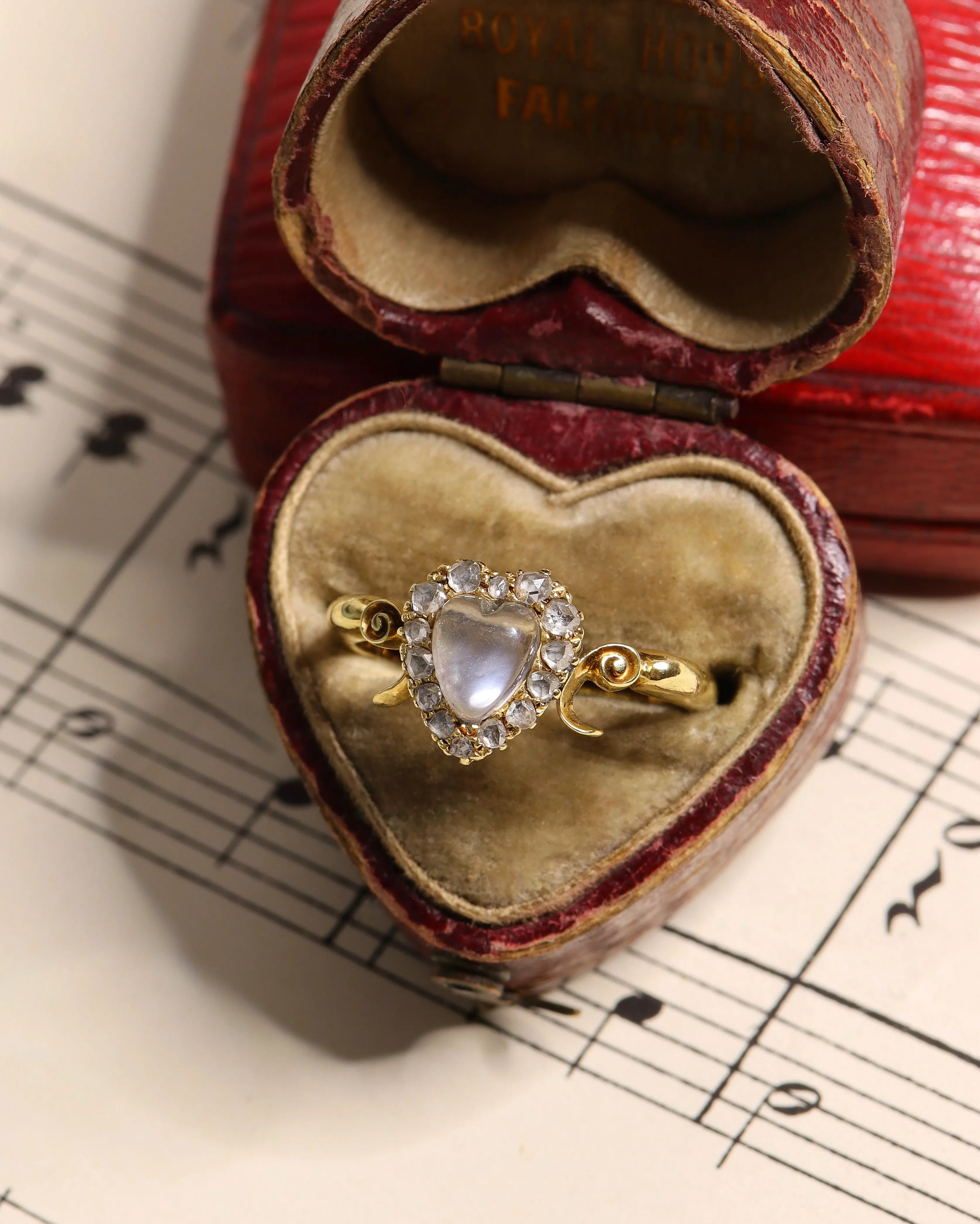 Antique Early Victorian Carved Moonstone & Rose Cut Diamond Heart Ring