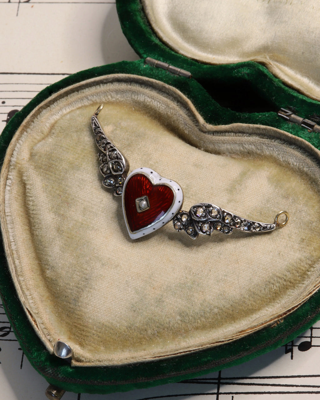Victorian Winged Silver Heart Pendant with Enamel and Diamonds
