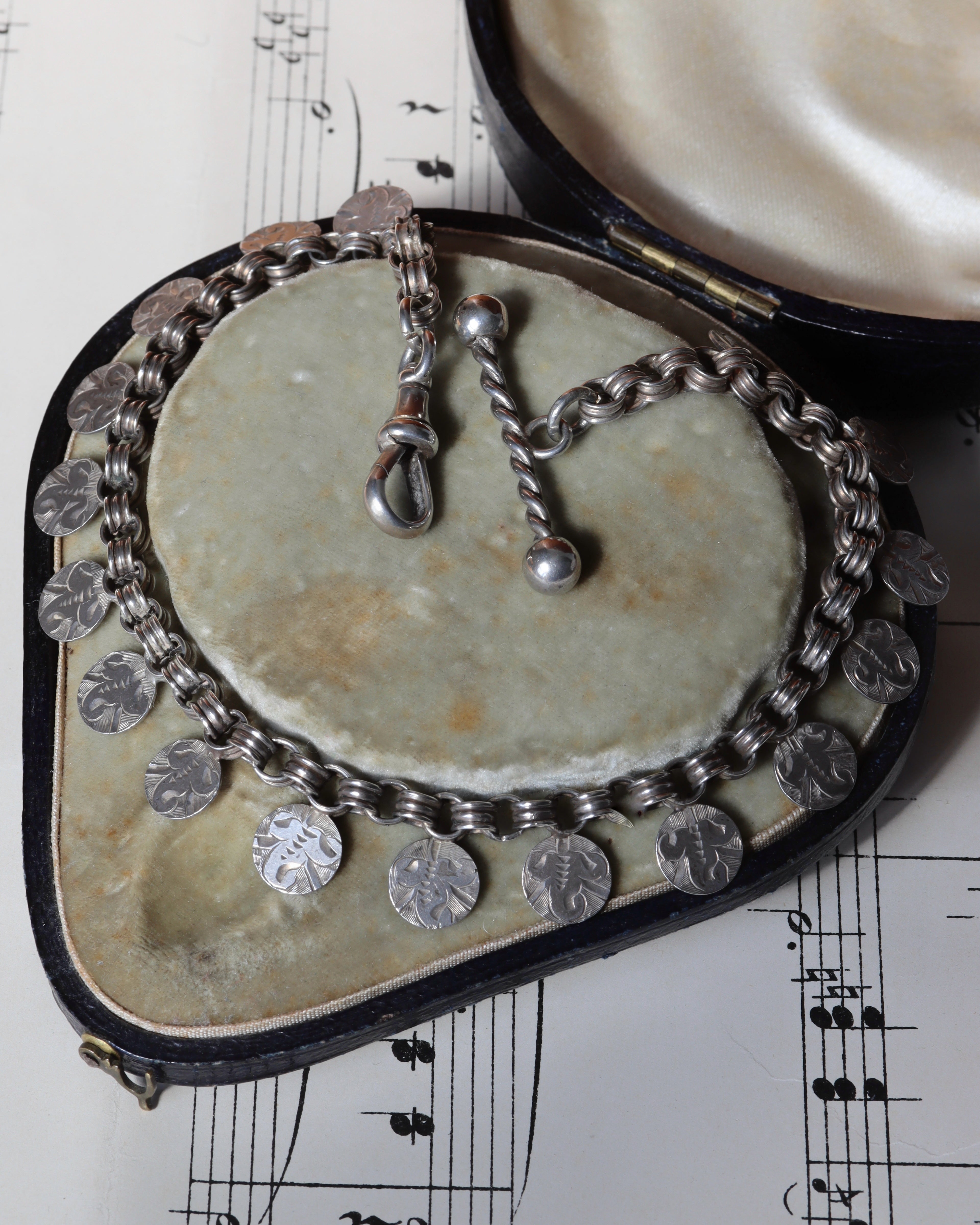 Victorian Fancy Link Watch Chain with T-Bar & Circular Engraved Details